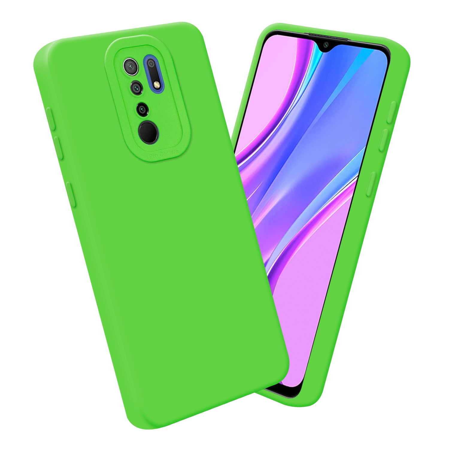Due custodie per telefono verde lime. Una copre un telefono, l'altra accanto.