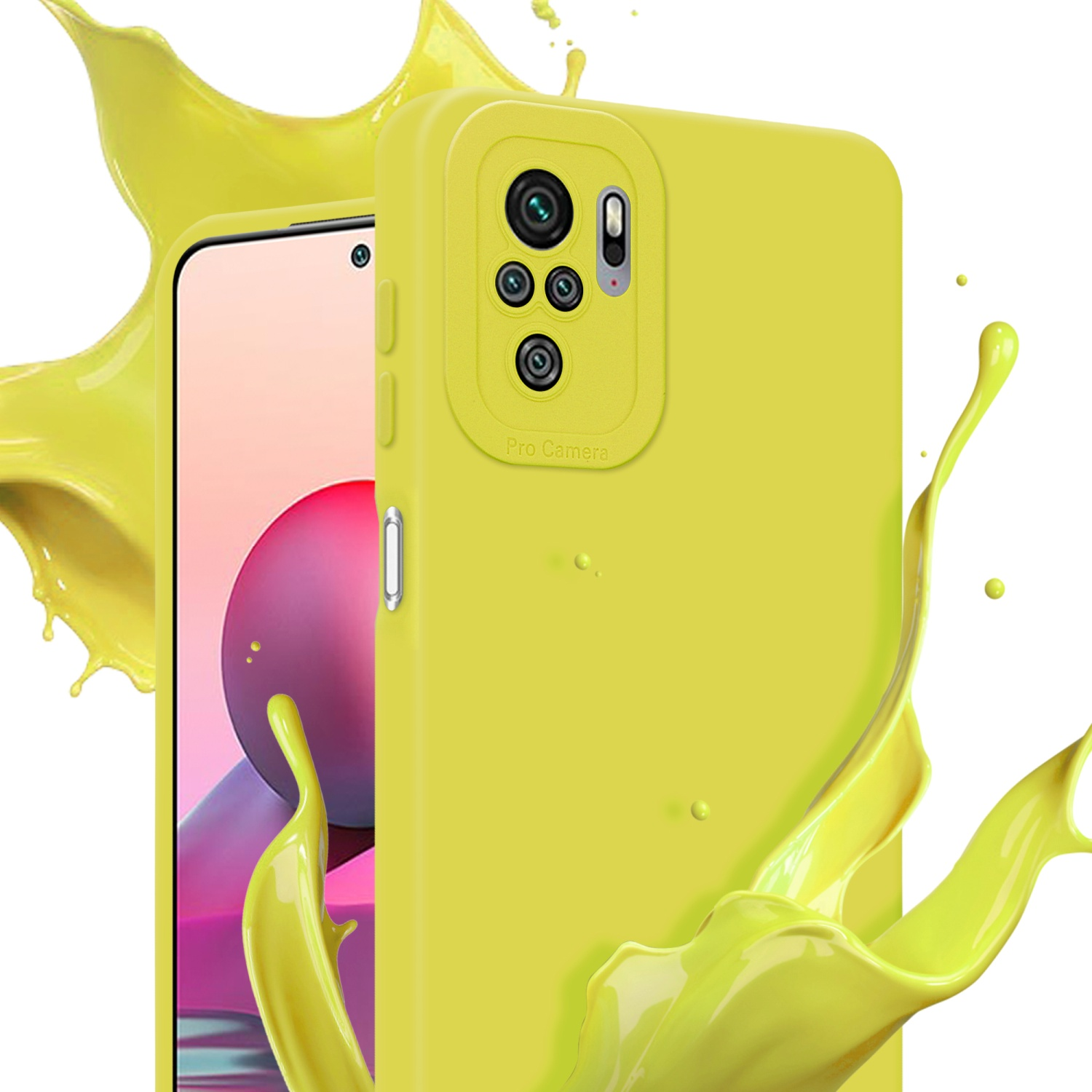 Custodia gialla con telefono, spruzzo di liquido giallo.