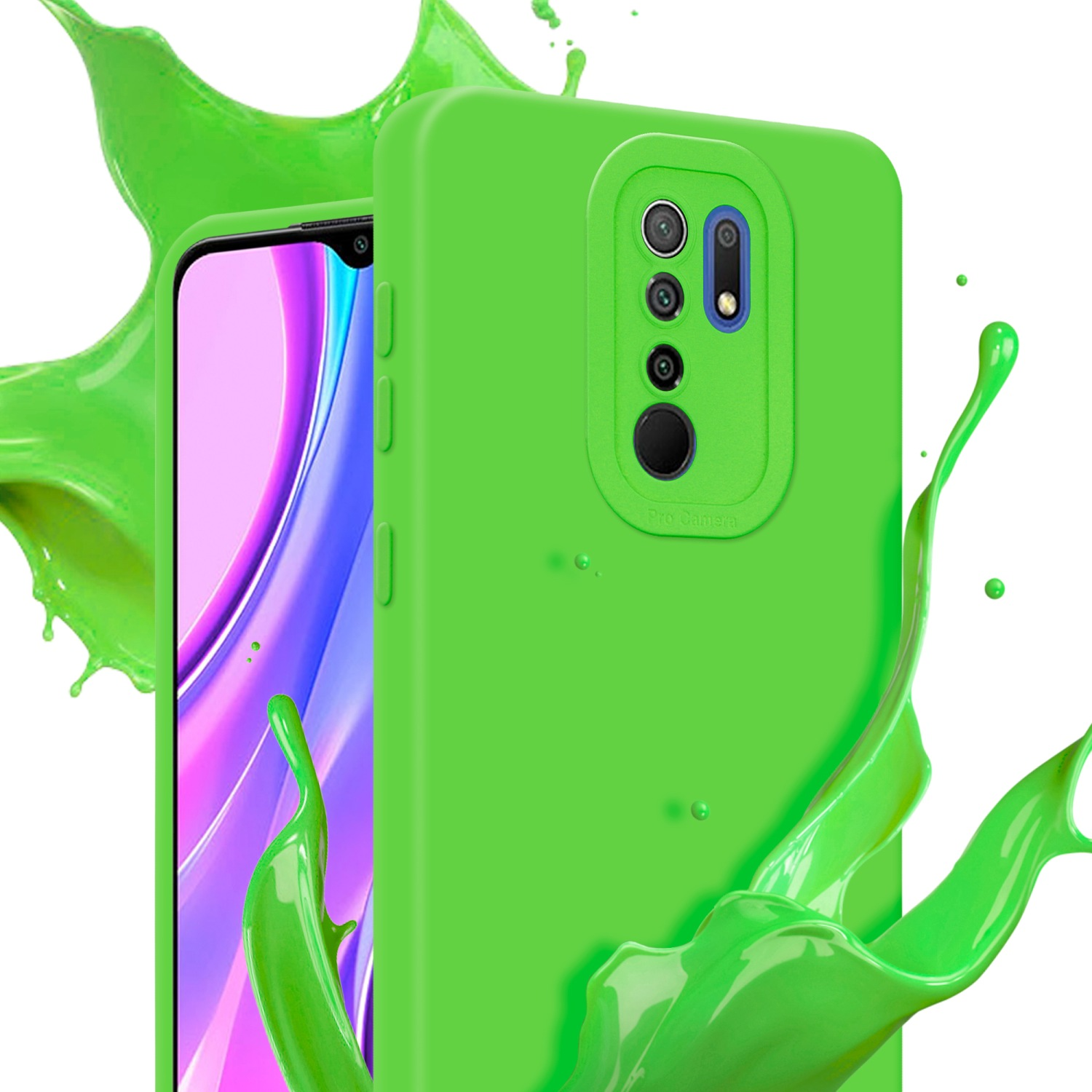 Custodia e telefono verdi. Schizzo di vernice verde sullo sfondo.