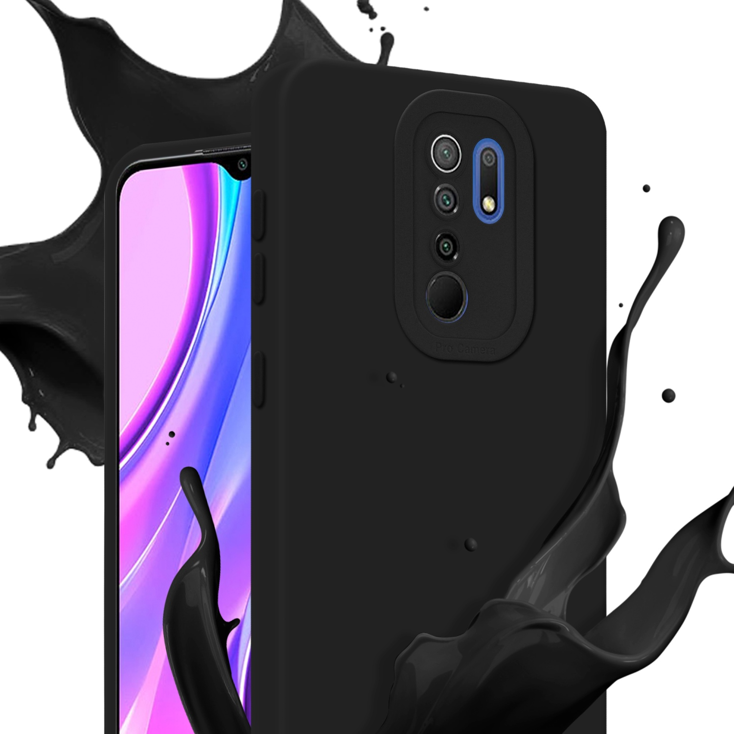Custodia per telefono nera con schizzi di vernice nera. La custodia ha ritagli per la fotocamera e un telefono all'interno.