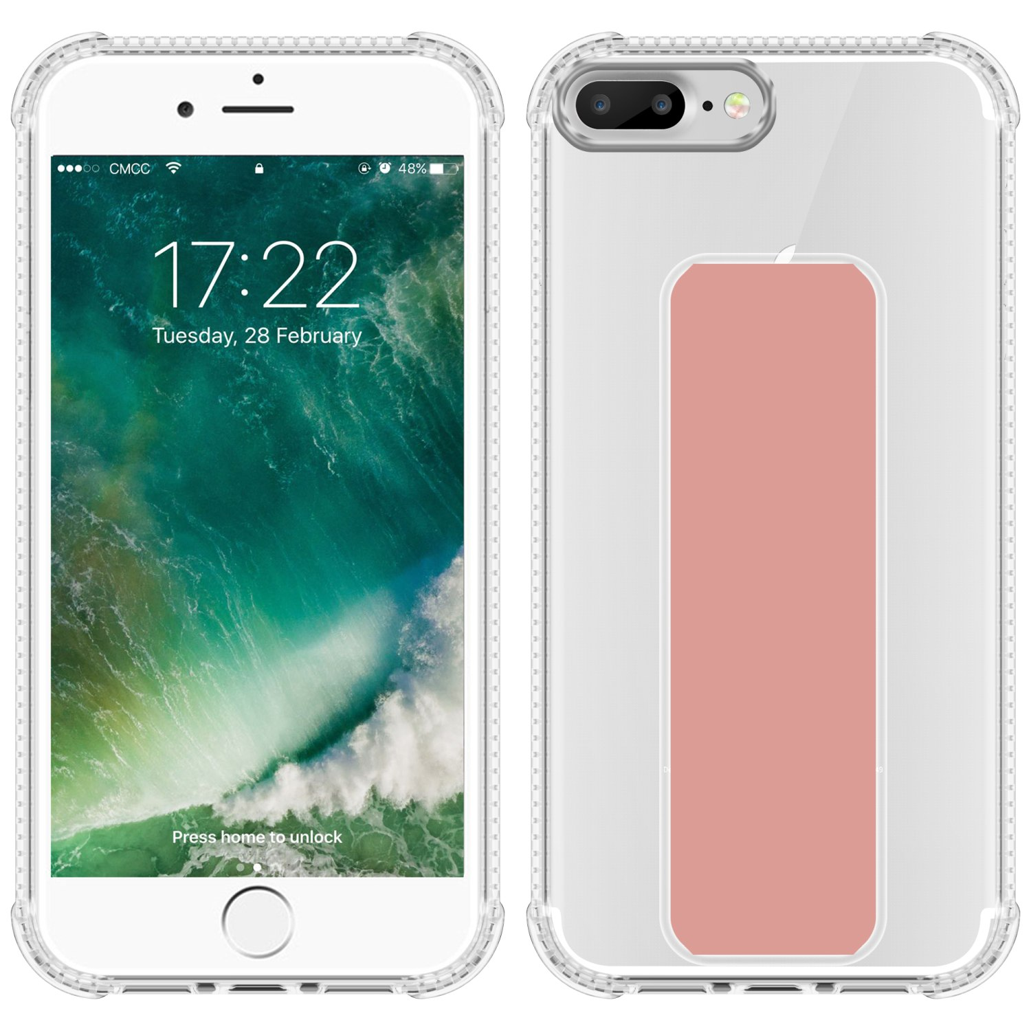 Zwei Telefone in transparenten Hüllen. Eines zeigt einen Bildschirm. Das andere hat ein rosa Rechteck.