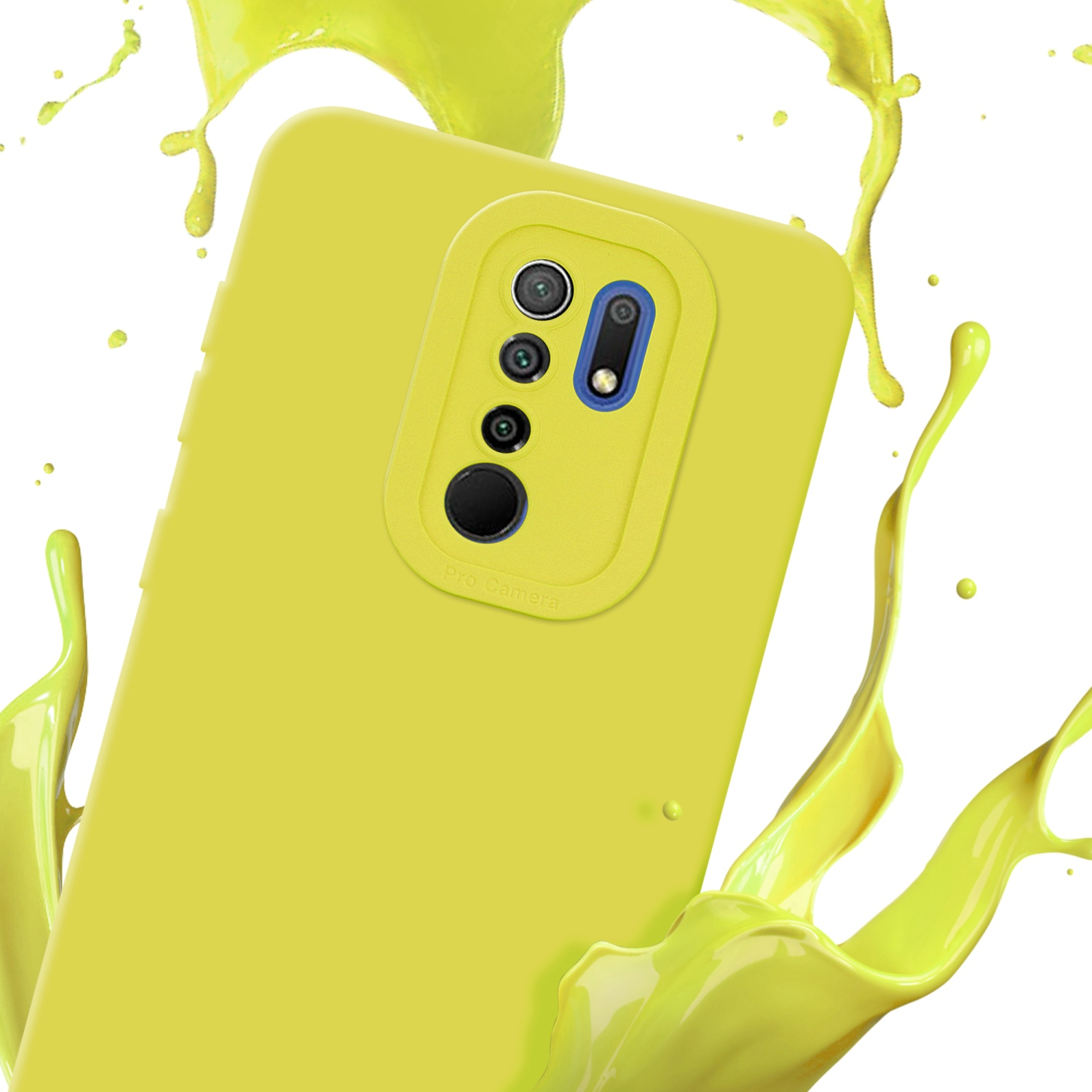 Una custodia gialla per telefono. La custodia ha più lenti della fotocamera e uno spruzzo di giallo.