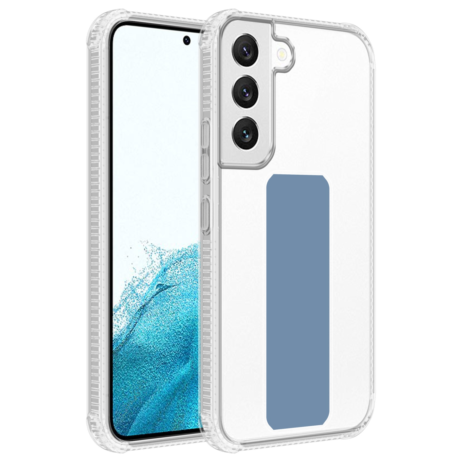 Transparente Handyhülle mit blauem Rechteck auf der Rückseite. Auf weißem Hintergrund.