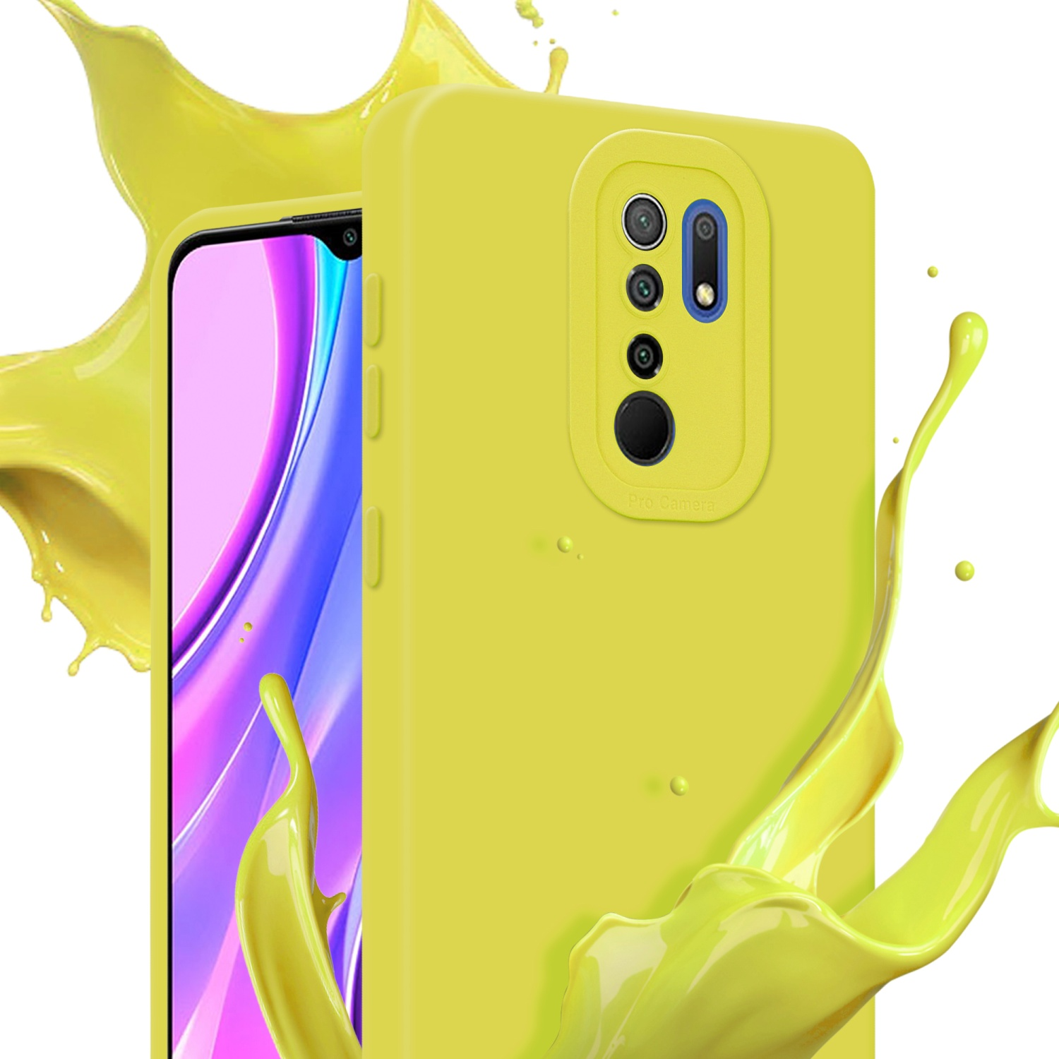 Custodia gialla per telefono e telefono con schermo colorato. Effetto spruzzo di vernice gialla. Sfondo bianco.