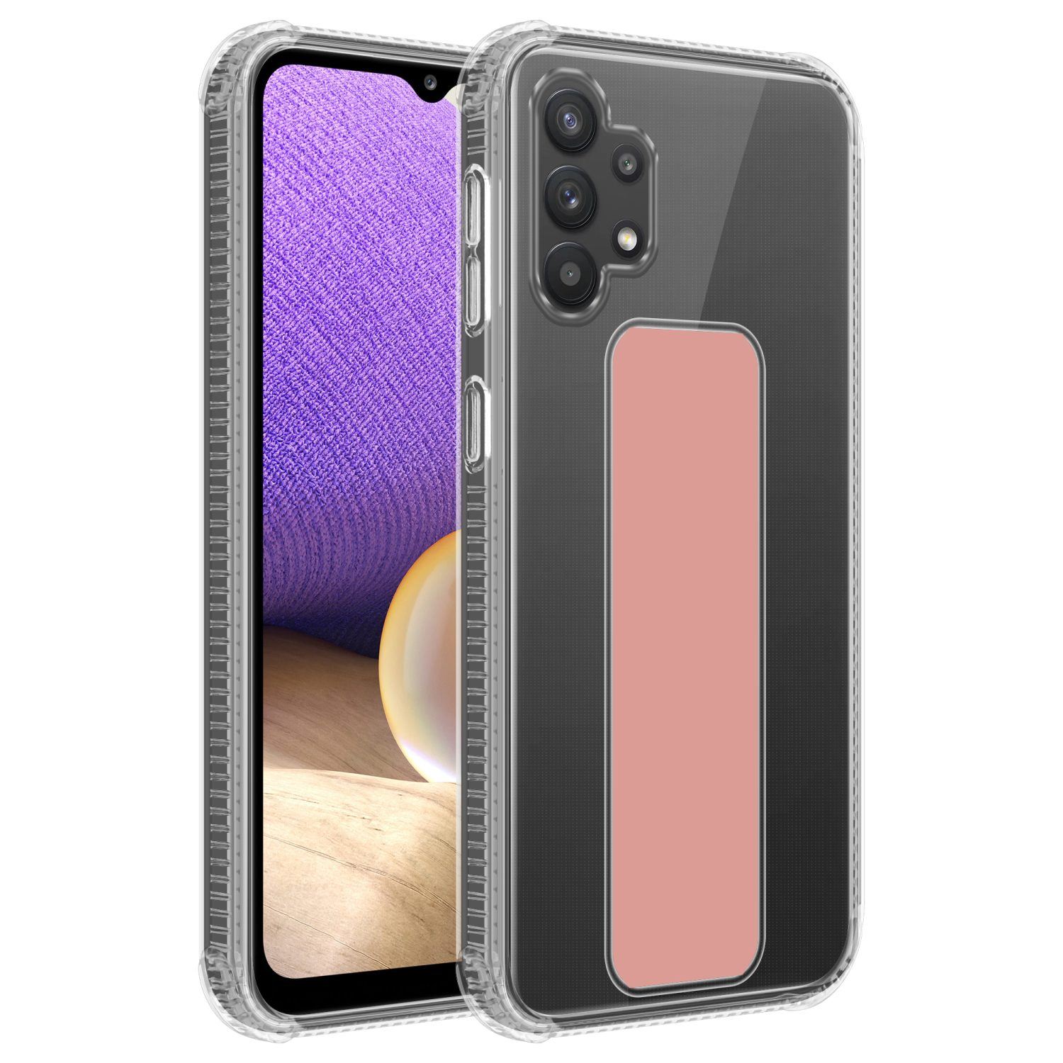Transparente Handyhülle mit rosa rechteckigem Griff. Zwei Hüllen.