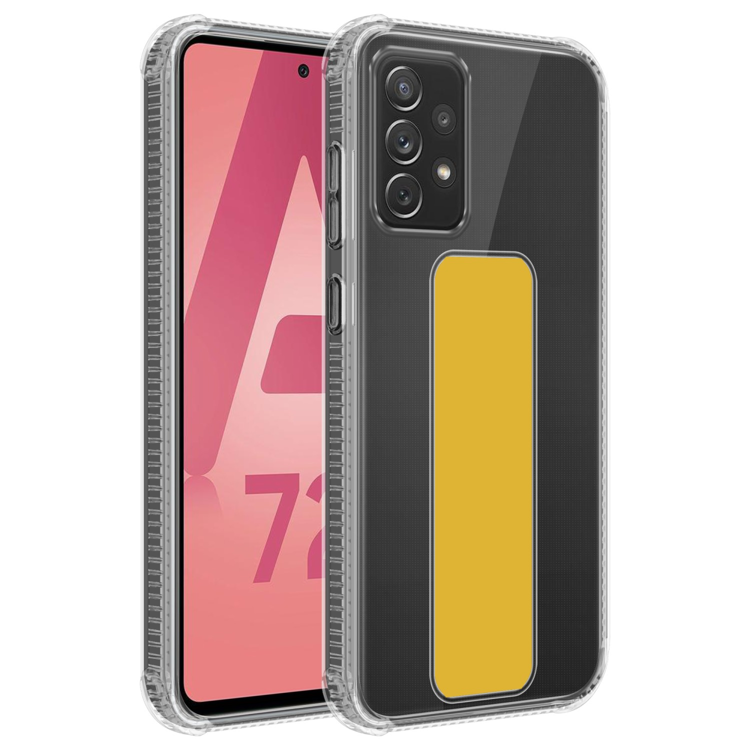 Eine transparente Handyhülle mit schwarzer Rückseite und einem gelben Rechteck. Weißer Hintergrund.