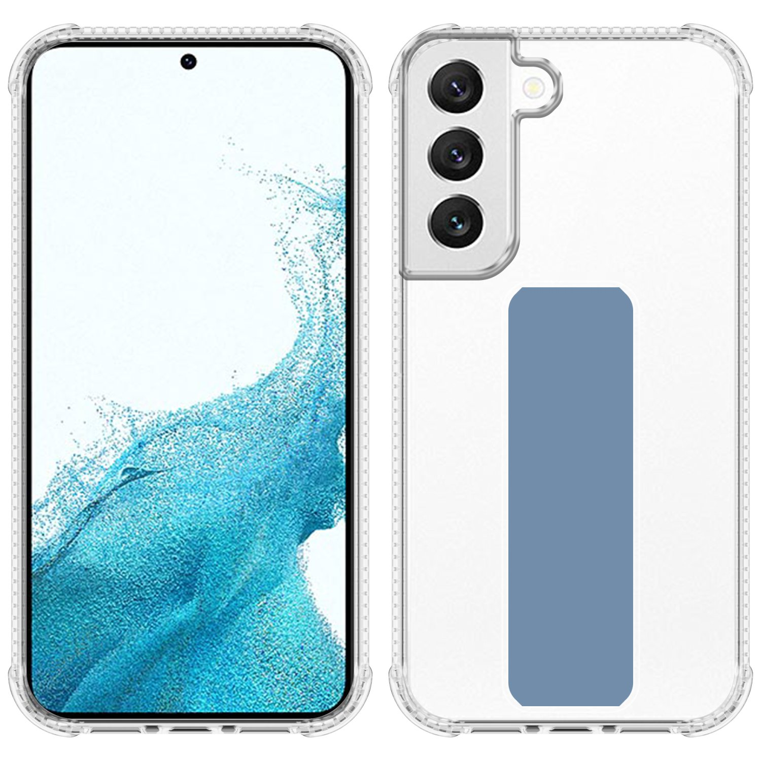 Telefon mit transparentem Gehäuse und blauem Streifen. Das Gehäuse hat einen Kamerabereich.