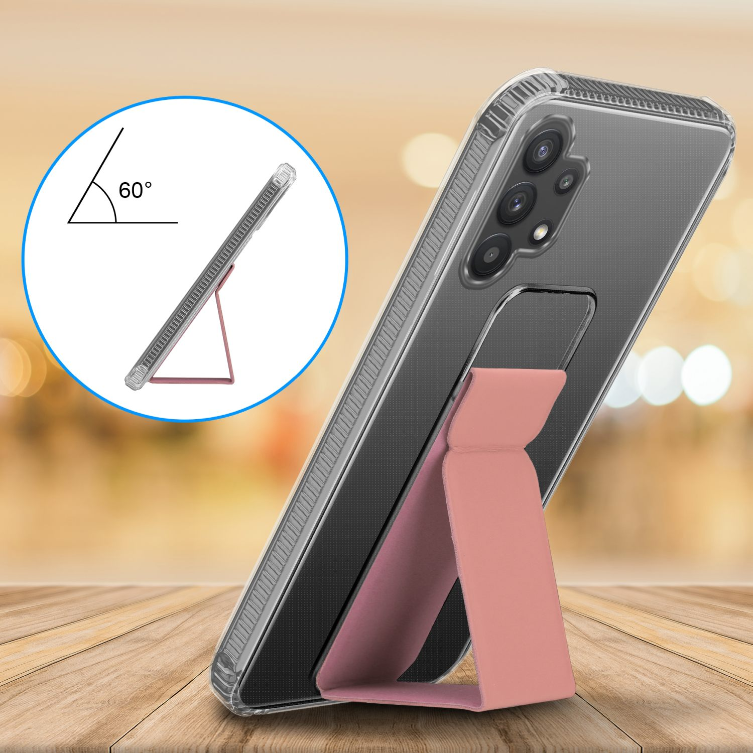 Ein Telefon wird von einem rosa Ständer gehalten. Der Bildschirm zeigt zum Betrachter in einem 60-Grad-Winkel.