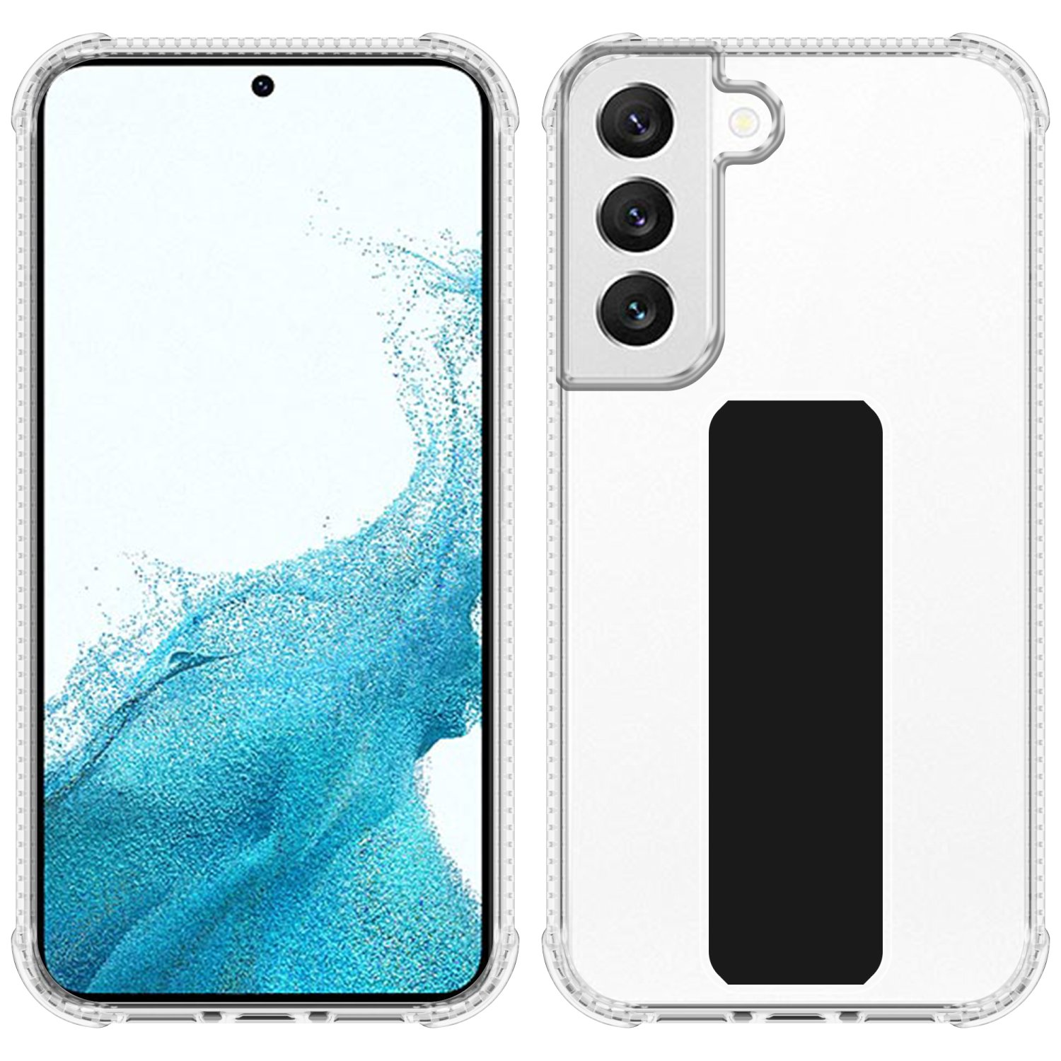Transparente Handyhülle mit schwarzem Rechteck und einem Telefon.