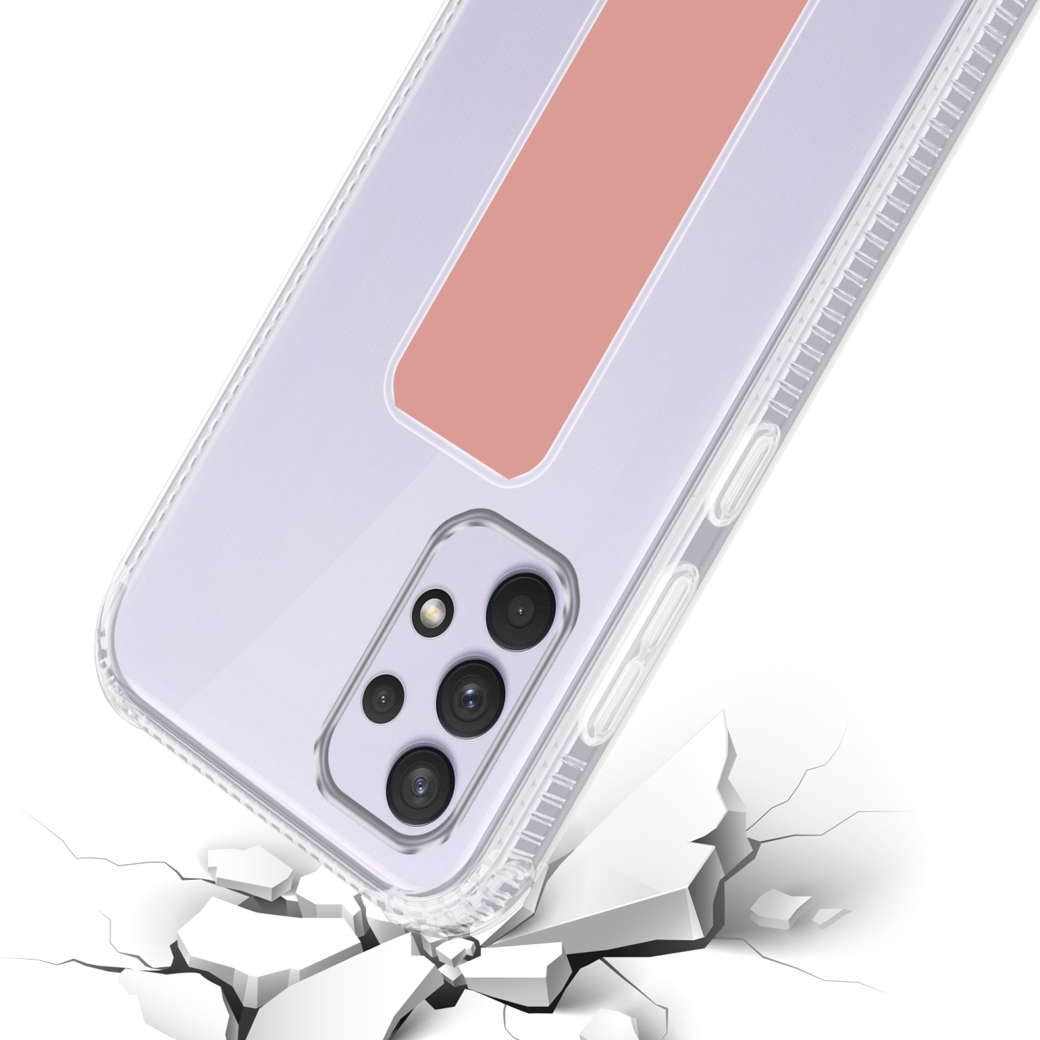 Transparente Handyhülle mit korallenfarbenem Riemen. Telefon stürzt ab, Boden gerissen.