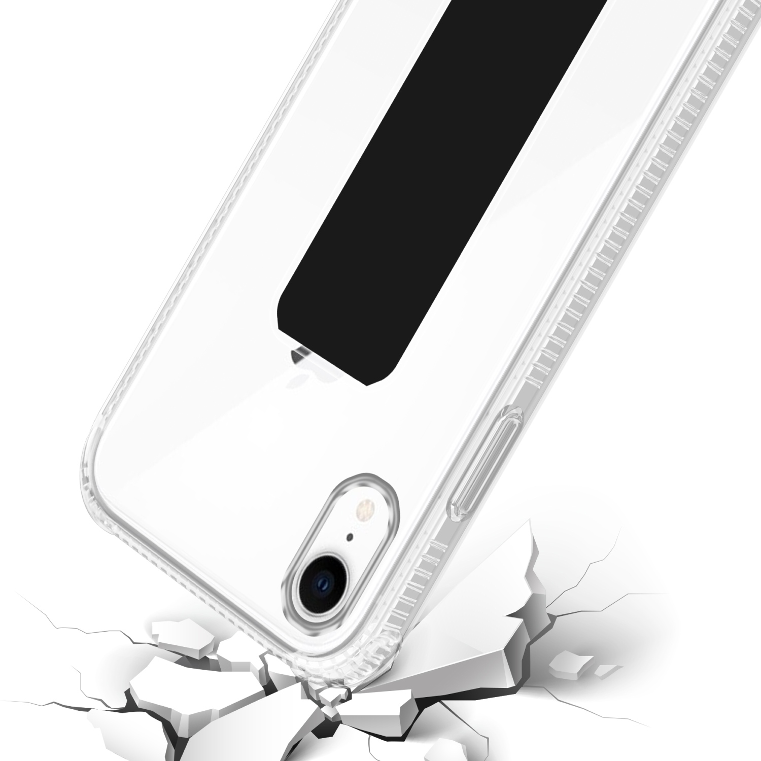 Transparente Handyhülle mit schwarzem Riemen liegt auf einer zerbrochenen weißen Oberfläche.