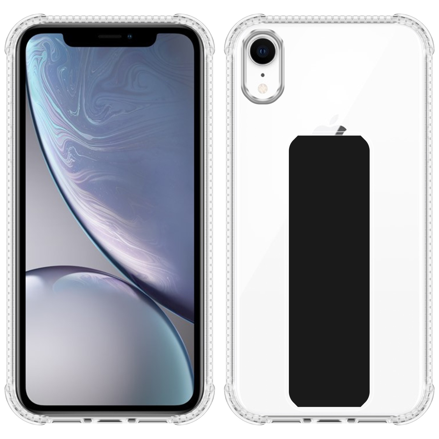 Telefon mit klarer Hülle. Rückseite mit schwarzem Rechteck. Weißer Hintergrund.