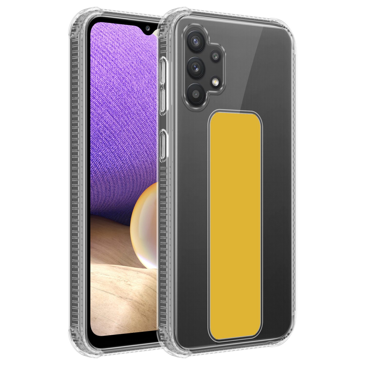 Transparente Handyhülle mit gelbem Griff. Ein Telefon ist darin, mit schwarzem Kamerabereich.