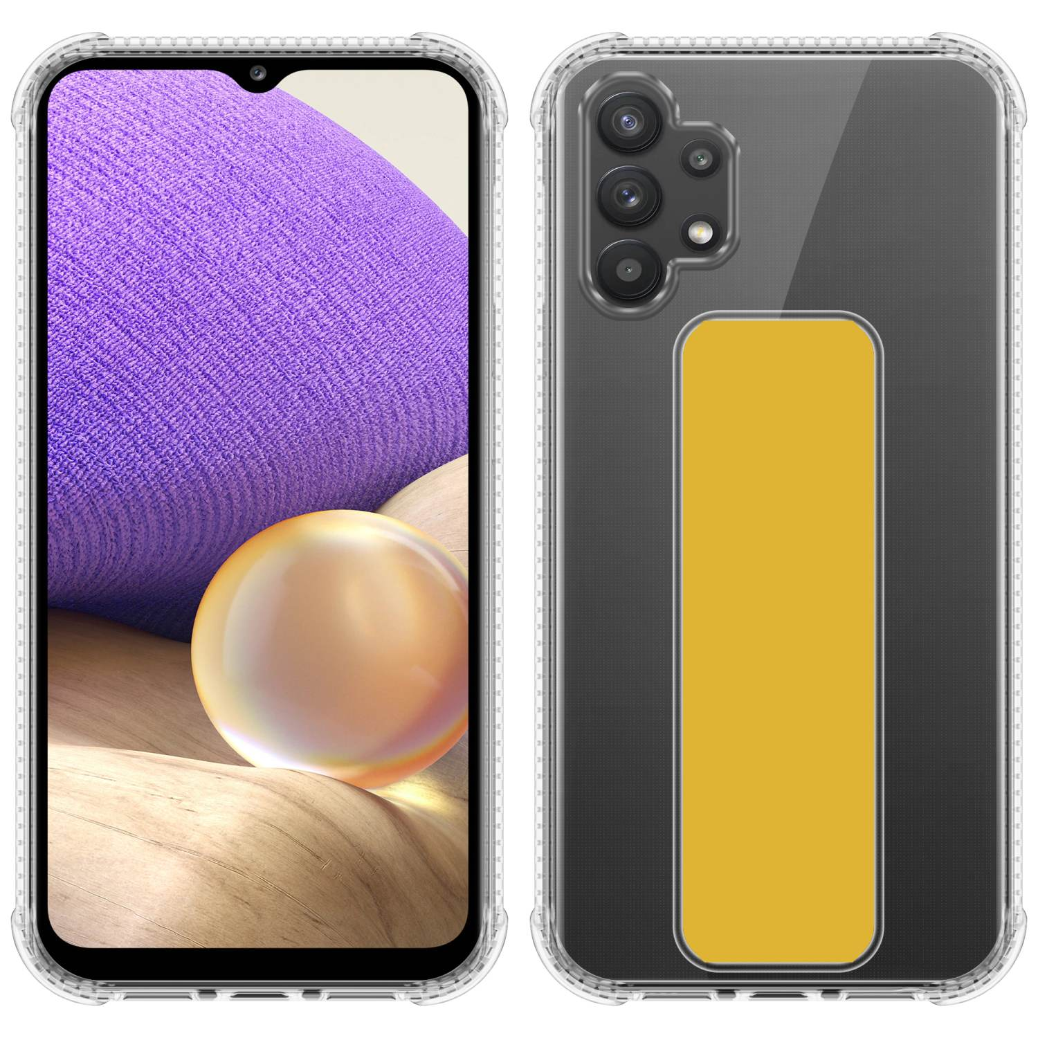 Zwei Telefonansichten, vorne lila, hinten gelber Pop-Socket.