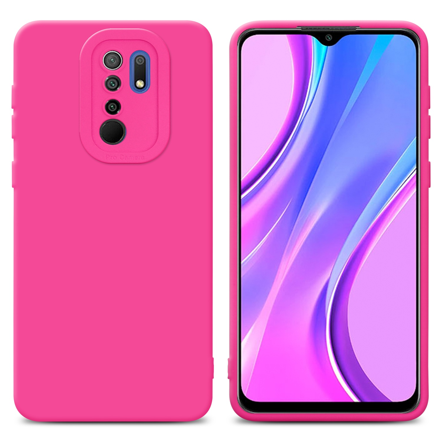 Custodia e telefono rosa. Pro Camera con più obiettivi visibili.