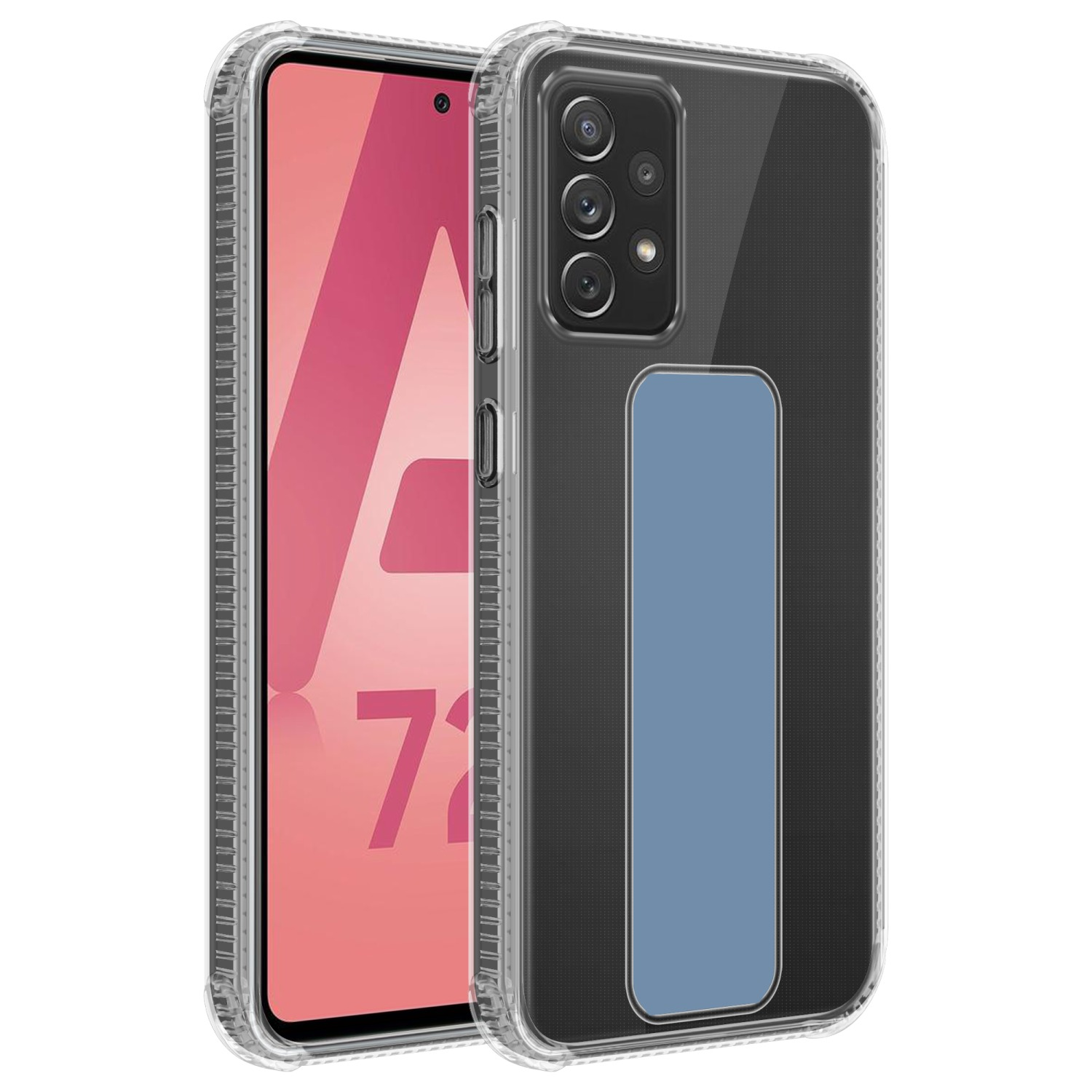Eine durchsichtige Handyhülle mit blauem Griff und ein Telefon mit rosa Display.