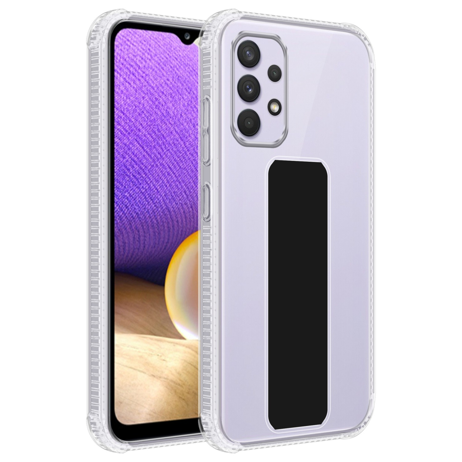 Transparente Handyhülle, Telefon auf dem Display mit Displayschutz. Schwarzes Rechteck. Weißer Hintergrund.