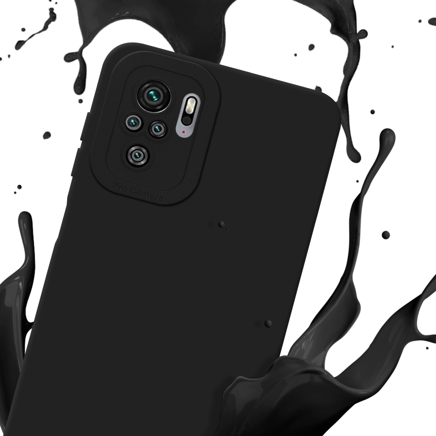 Custodia nera con spruzzi di liquido nero. Area fotocamera visibile.