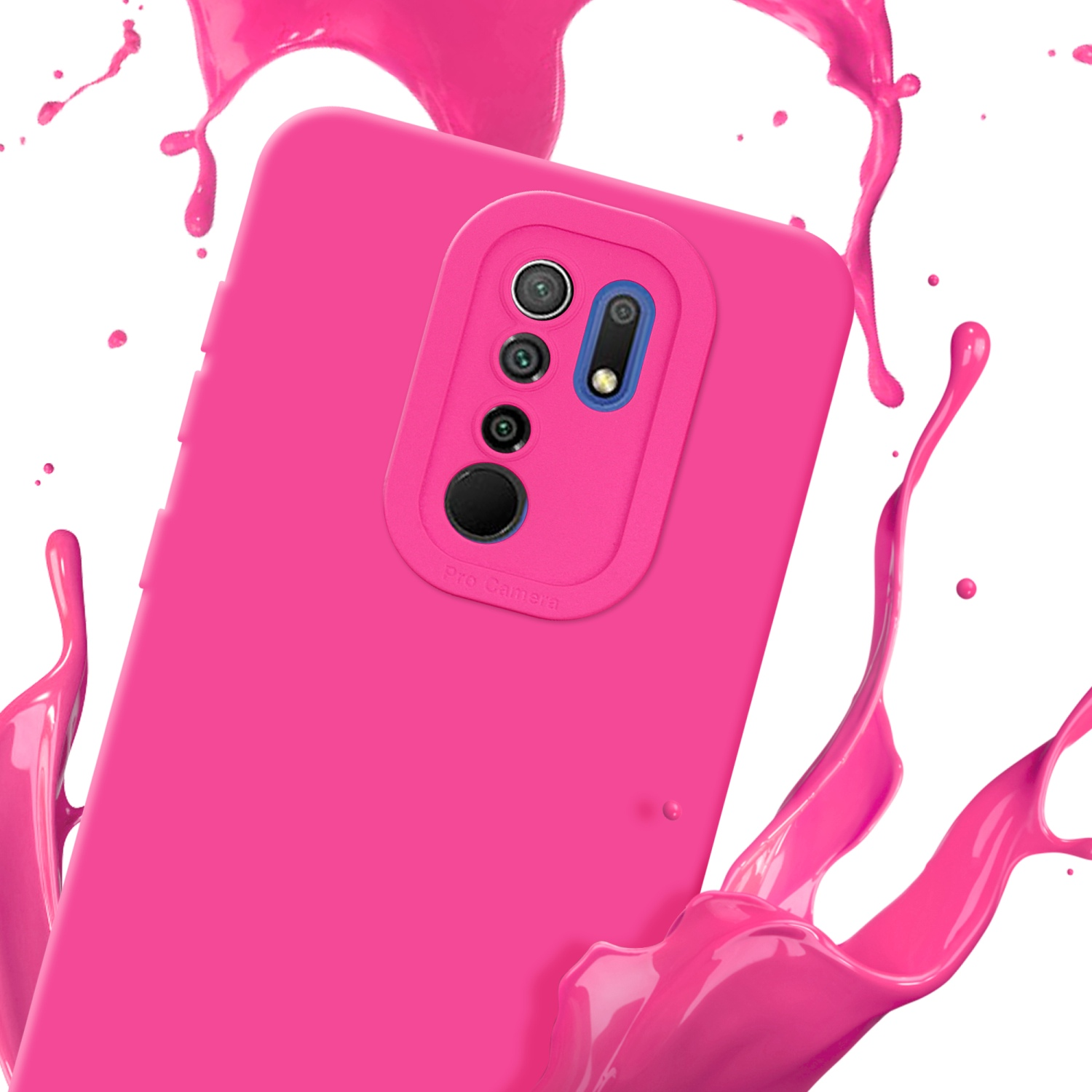 Custodia per telefono rosa con effetto splash. La custodia ha un rilievo per la fotocamera.