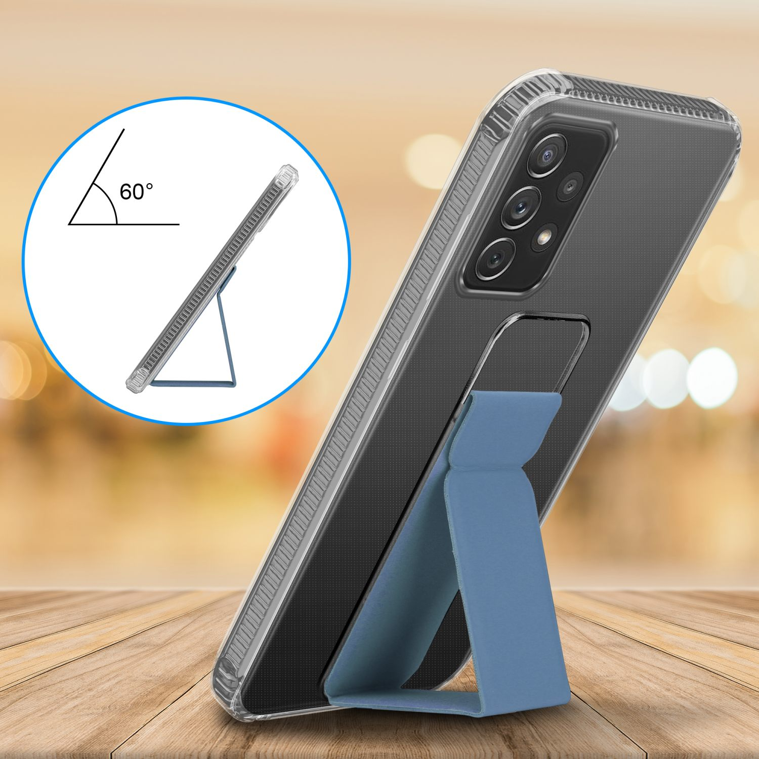 Telefon mit blauem Ständer. Die Handyhülle ist durchsichtig. Winkel des Ständers beträgt 60 Grad. Verschwommener Hintergrund.
