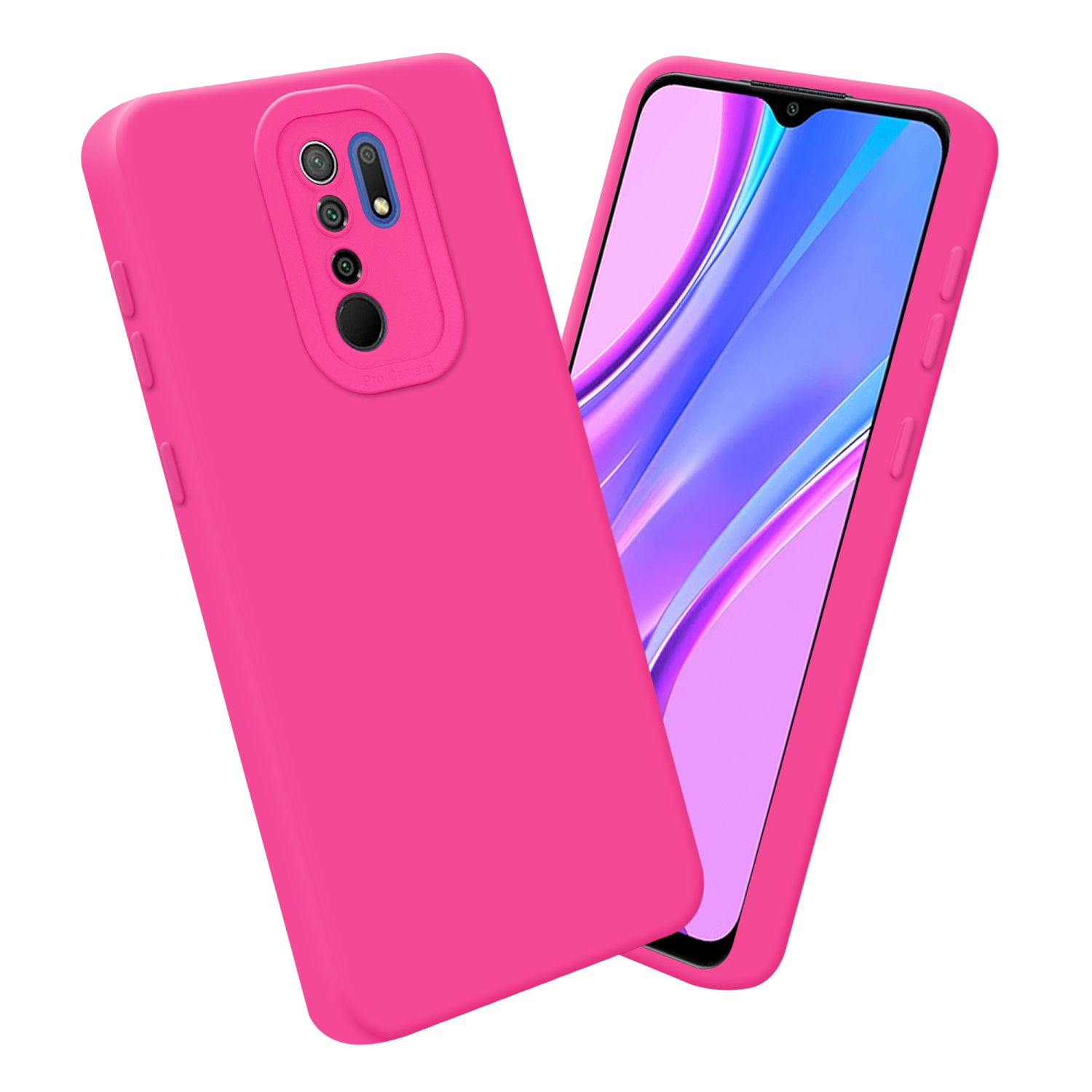 Custodia e telefono rosa. Schermo del telefono visibile. Sfondo bianco.