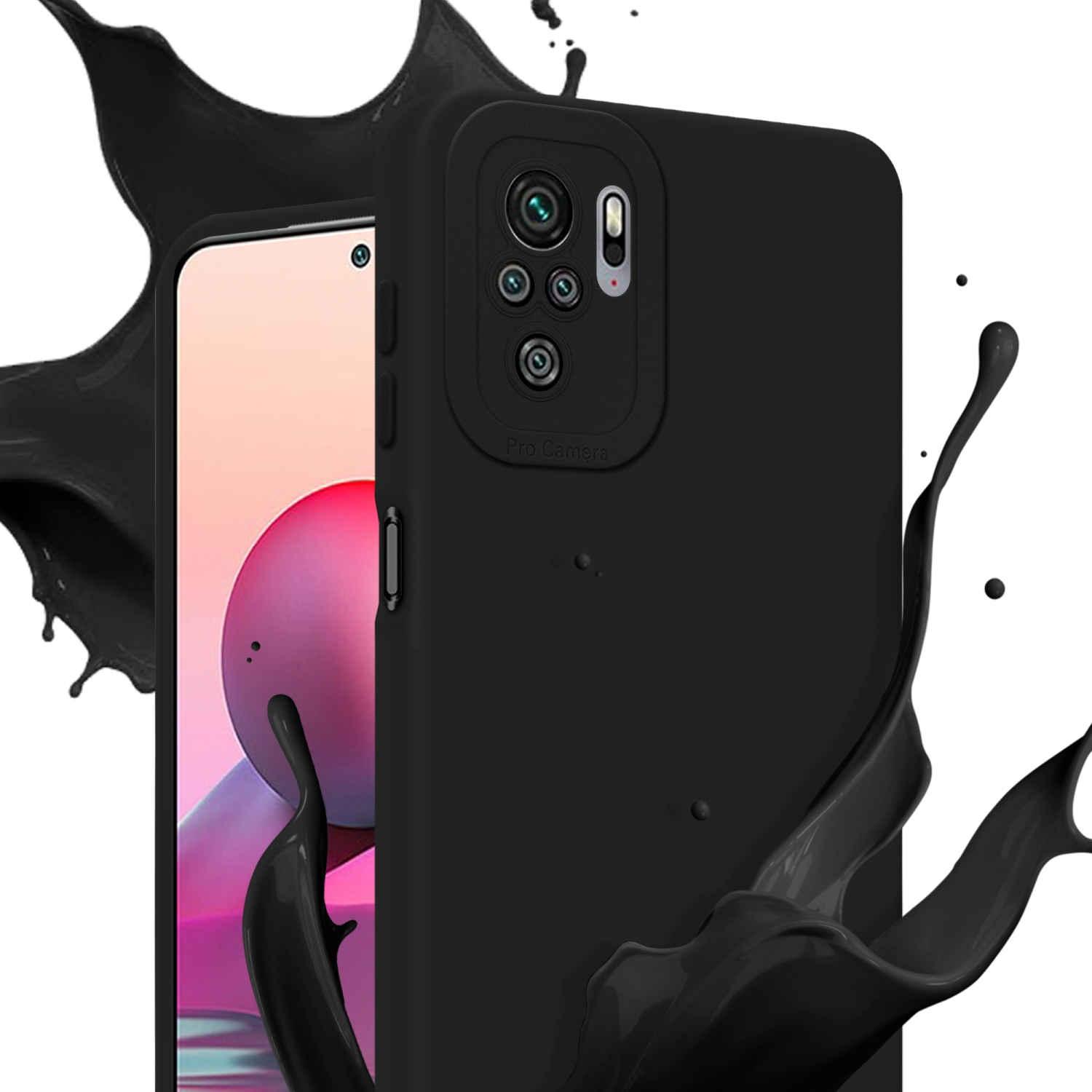 Custodia nera con telefono. Schizzo di vernice nera sullo sfondo. Lo schermo del telefono è rosa.
