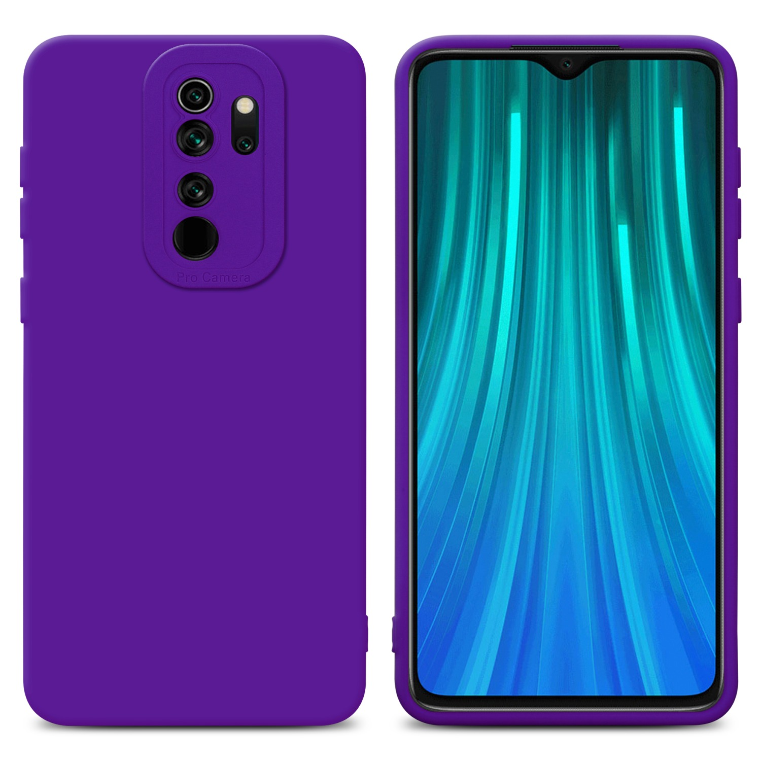 Due telefoni, uno con custodia e design viola. Uno mostra il retro del telefono.