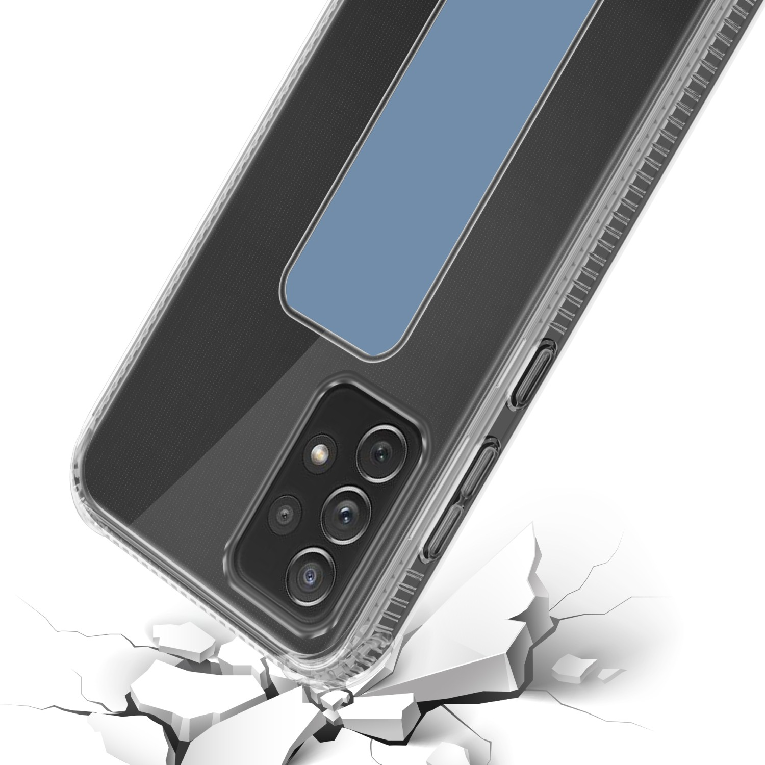 Transparente Handyhülle mit blauem Ständer auf einer rissigen Oberfläche. Telefonkamera ist sichtbar.