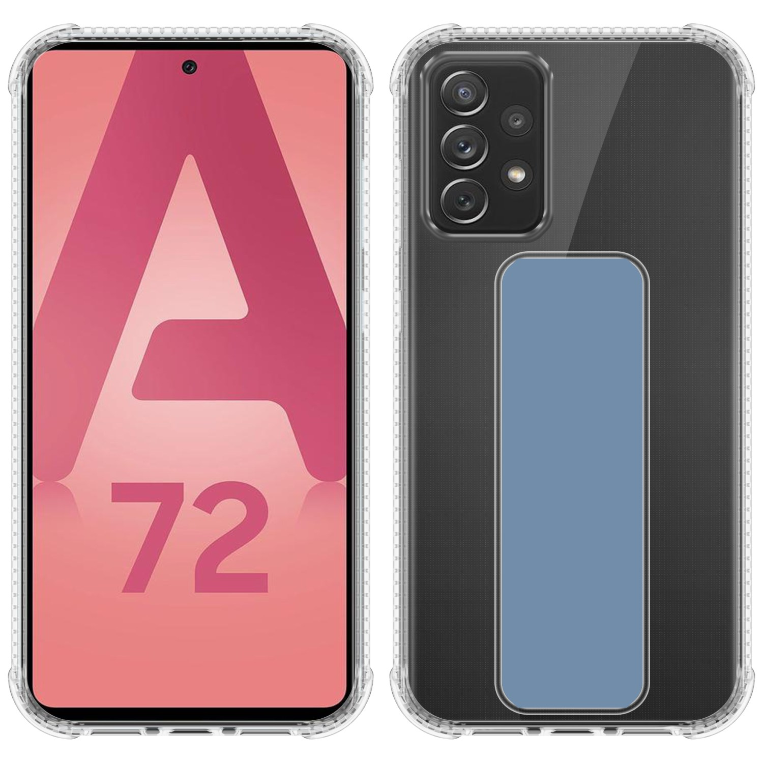 Transparente Handyhülle mit blauem Halter und einem Telefon. Weißer Hintergrund.