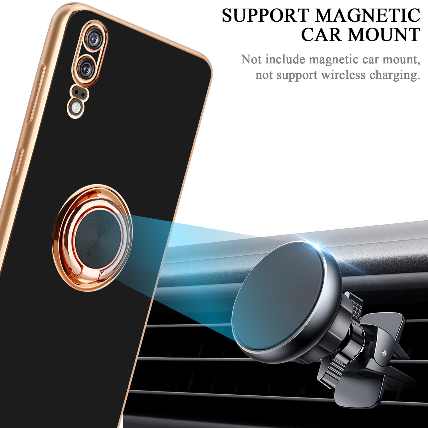 Ein schwarzes Telefon mit goldenem Rahmen neben einer magnetischen Autohalterung.