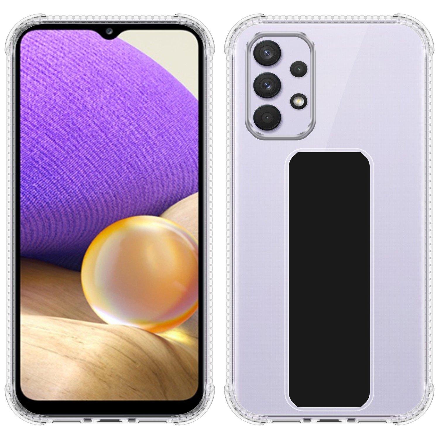 Ein Telefon mit transparenter Hülle, Vorder- und Rückseite, lila Bildschirm und Kamera.