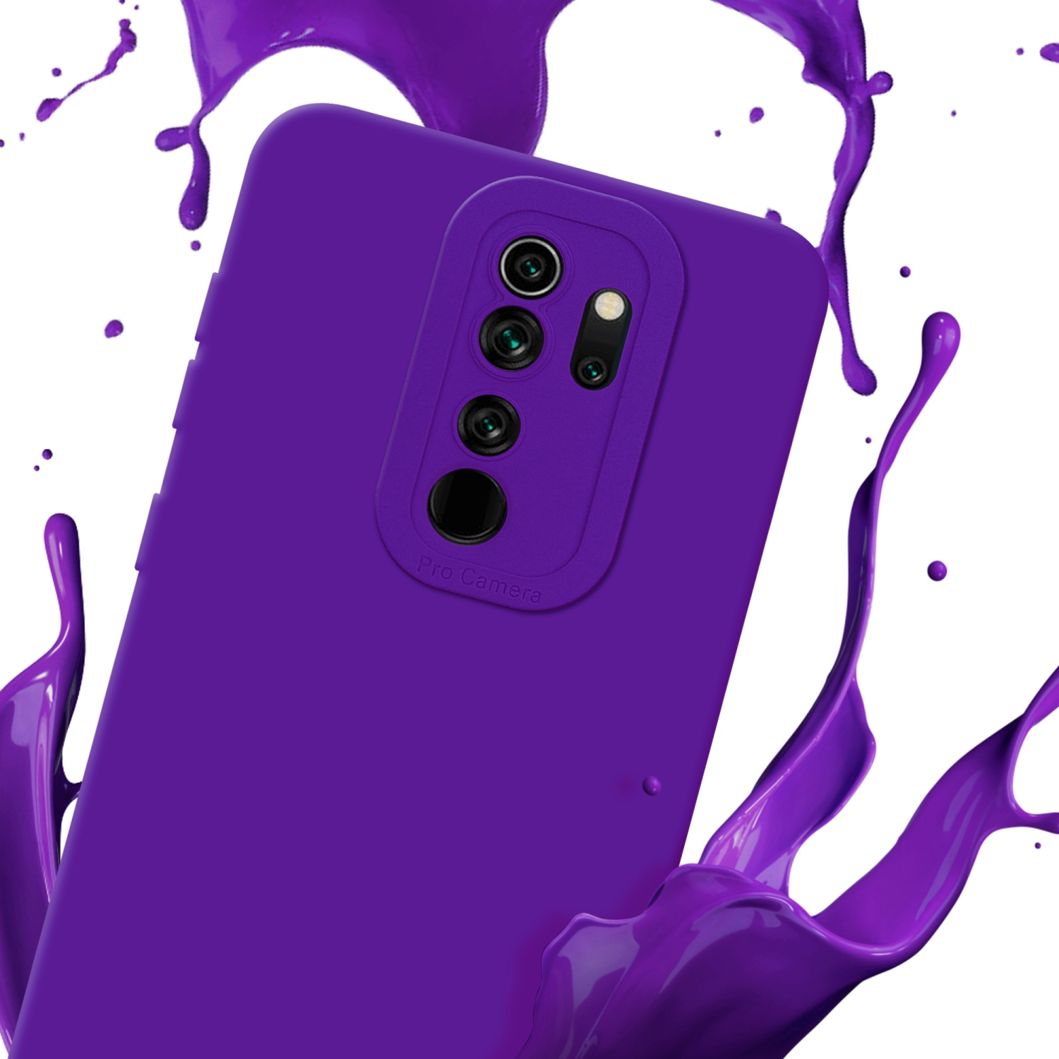 Custodia per telefono viola con tre fotocamere e schizzi di vernice viola.