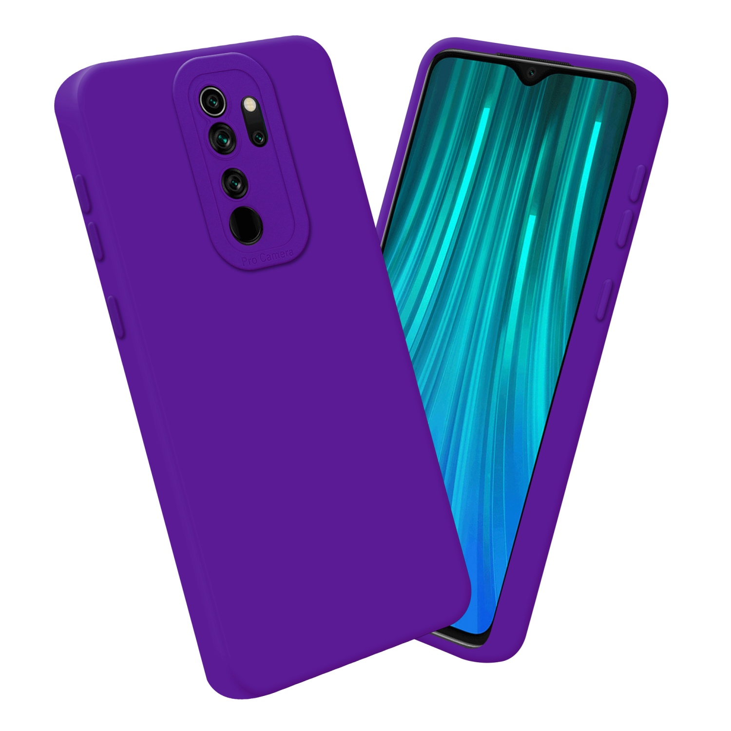 Custodia per telefono viola con tre fotocamere, un secondo telefono mostra uno schermo verde e blu.