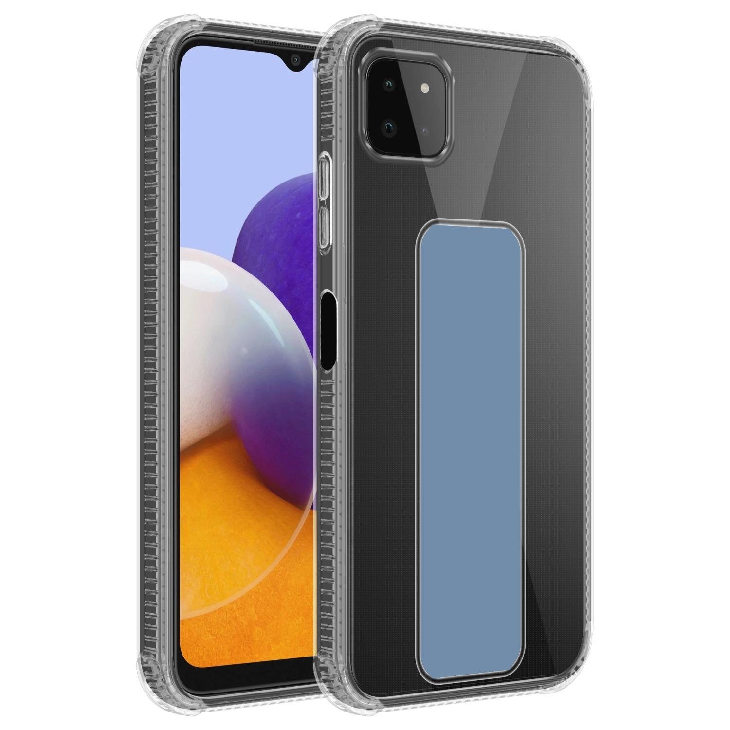 Transparente Handyhülle mit blauem Rechteck. Ein anderes Telefon mit blauem Hintergrund daneben.