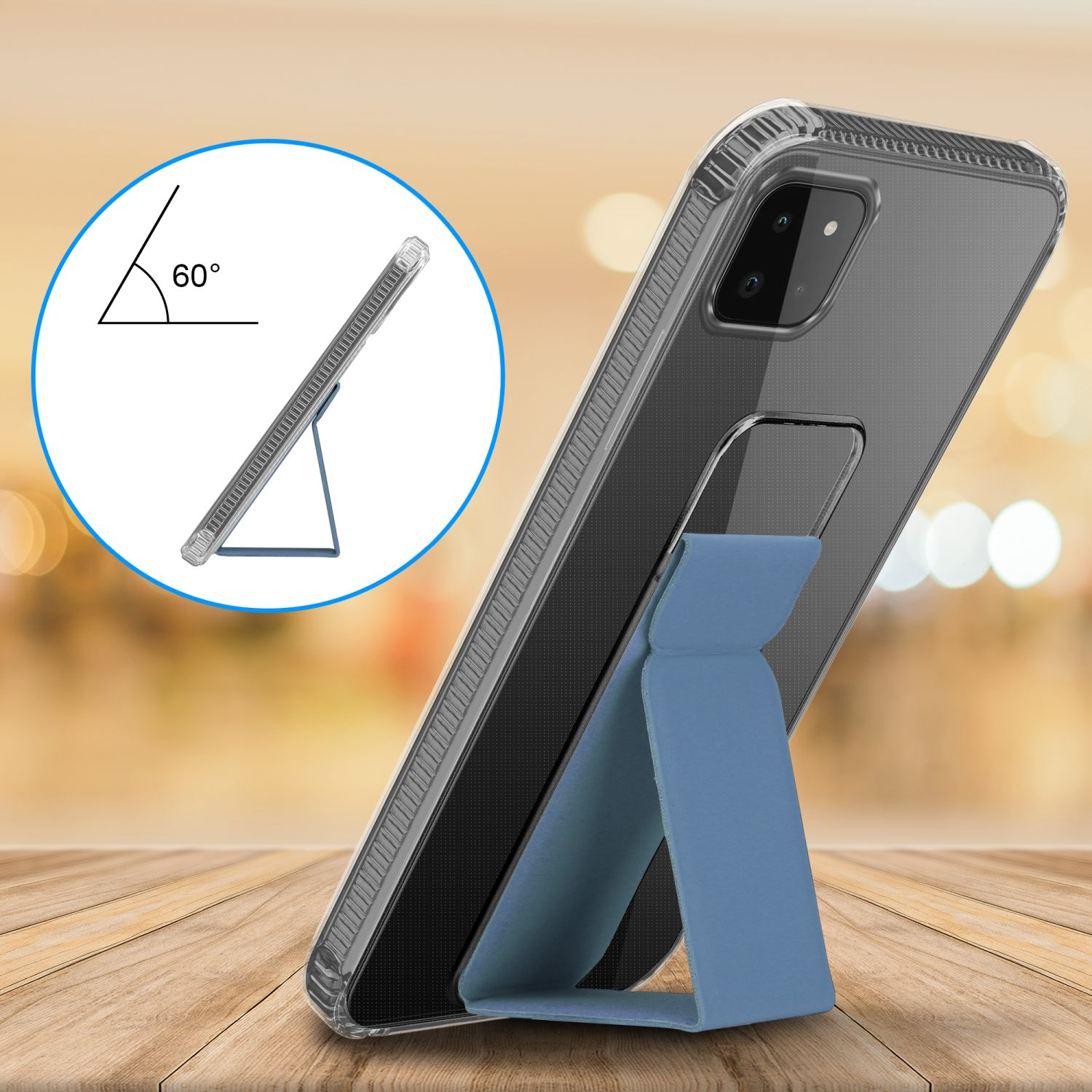 Telefon in transparenter Hülle mit blauem Ständer. Der Ständer hat einen 60-Grad-Winkel.