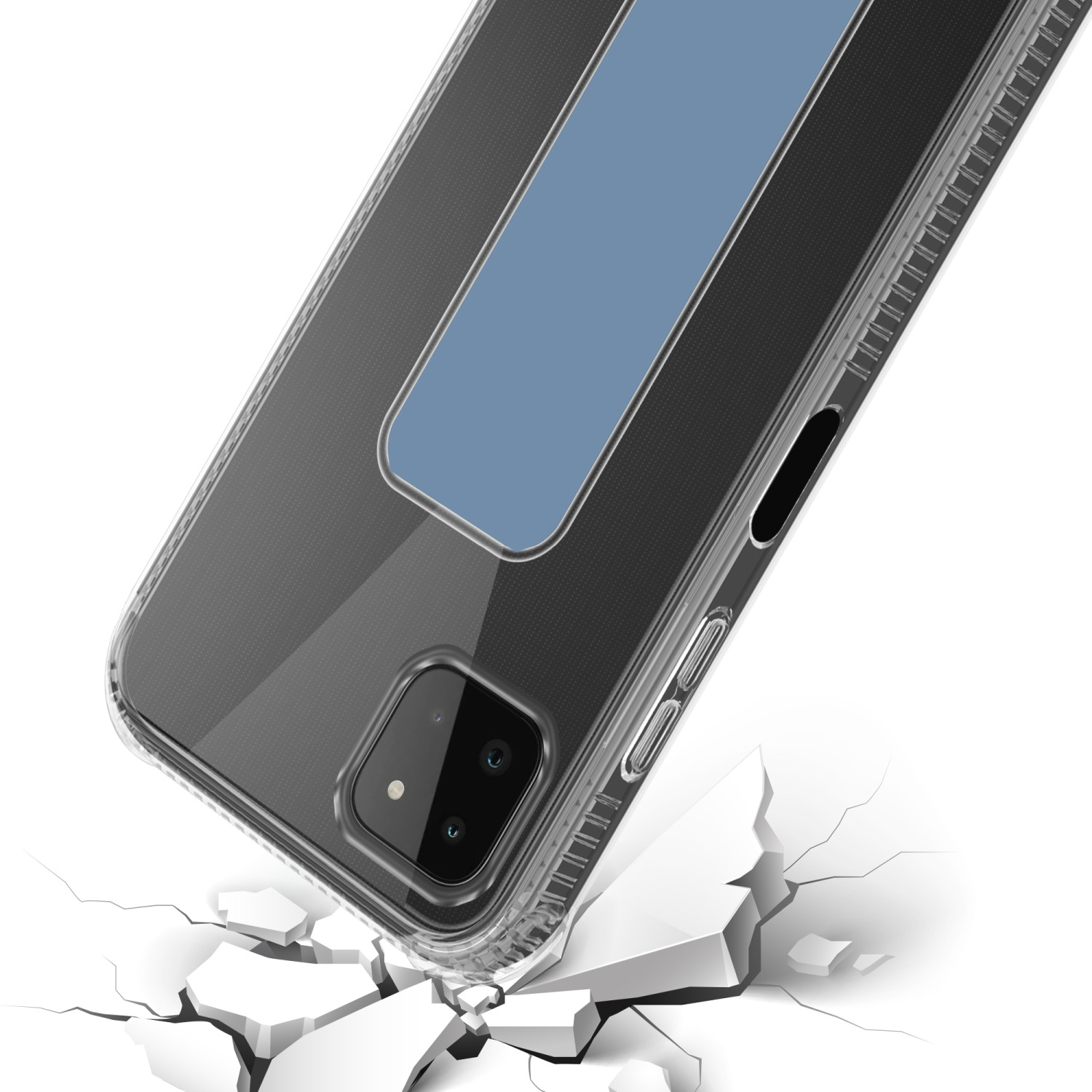 Transparente Handyhülle auf Weiß mit Rissen. Telefon hat einen blauen Streifen. Kamera sichtbar.