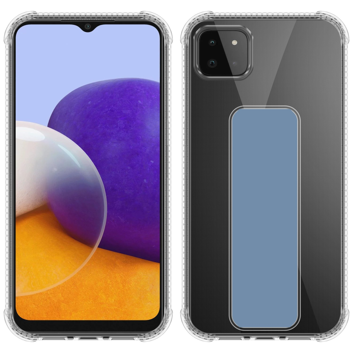 Zwei Telefone zeigen den Bildschirm und die Hülle, mit einer durchsichtigen Hülle rechts und einem blauen Pad.