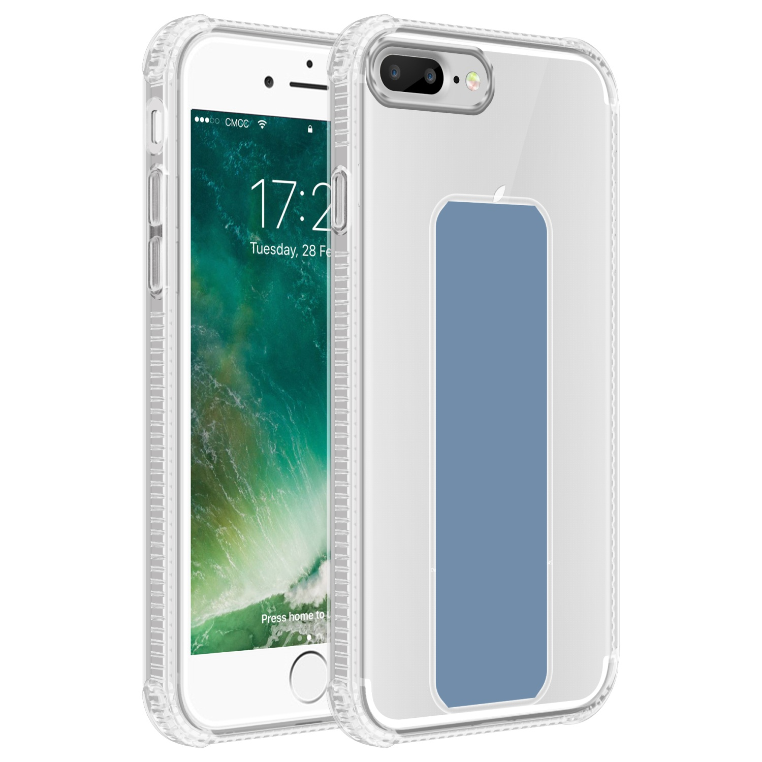 iPhone mit klarer Hülle. Das Telefon zeigt die Uhrzeit. Eine zweite Hülle liegt daneben.