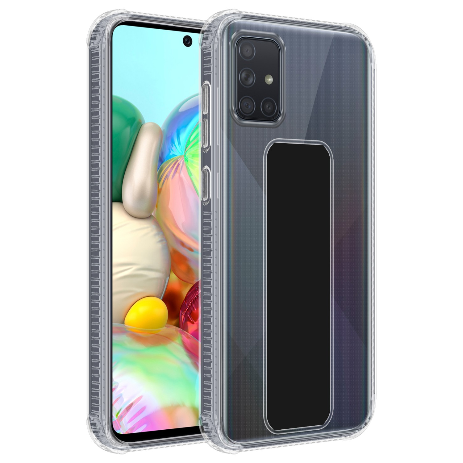 Zwei transparente Handyhüllen. Eine hat ein Telefon darin, die andere ist leer mit einem schwarzen Ständer.