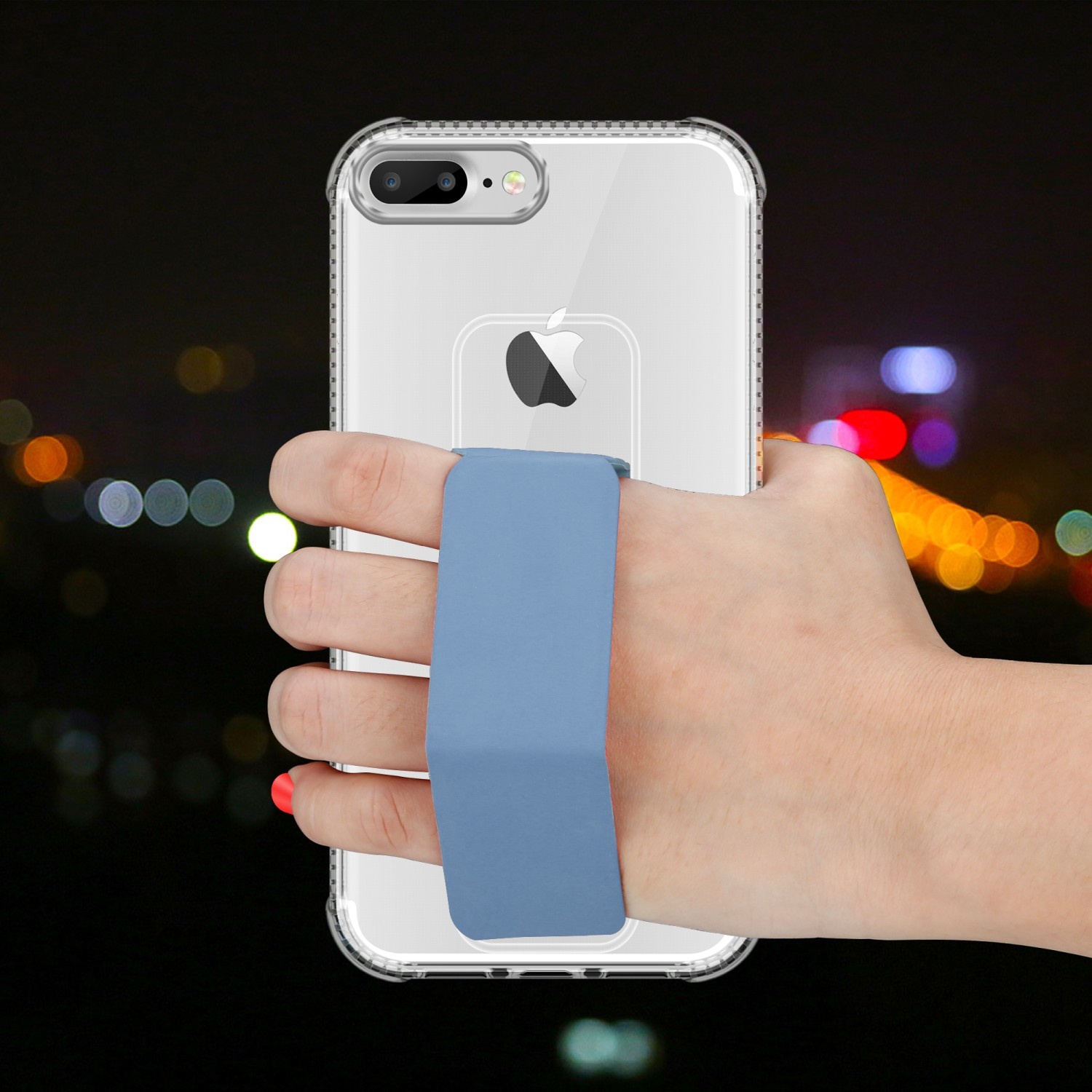 Hand, die ein Telefon hält. Das Telefon ist transparent mit blauem Riemen.