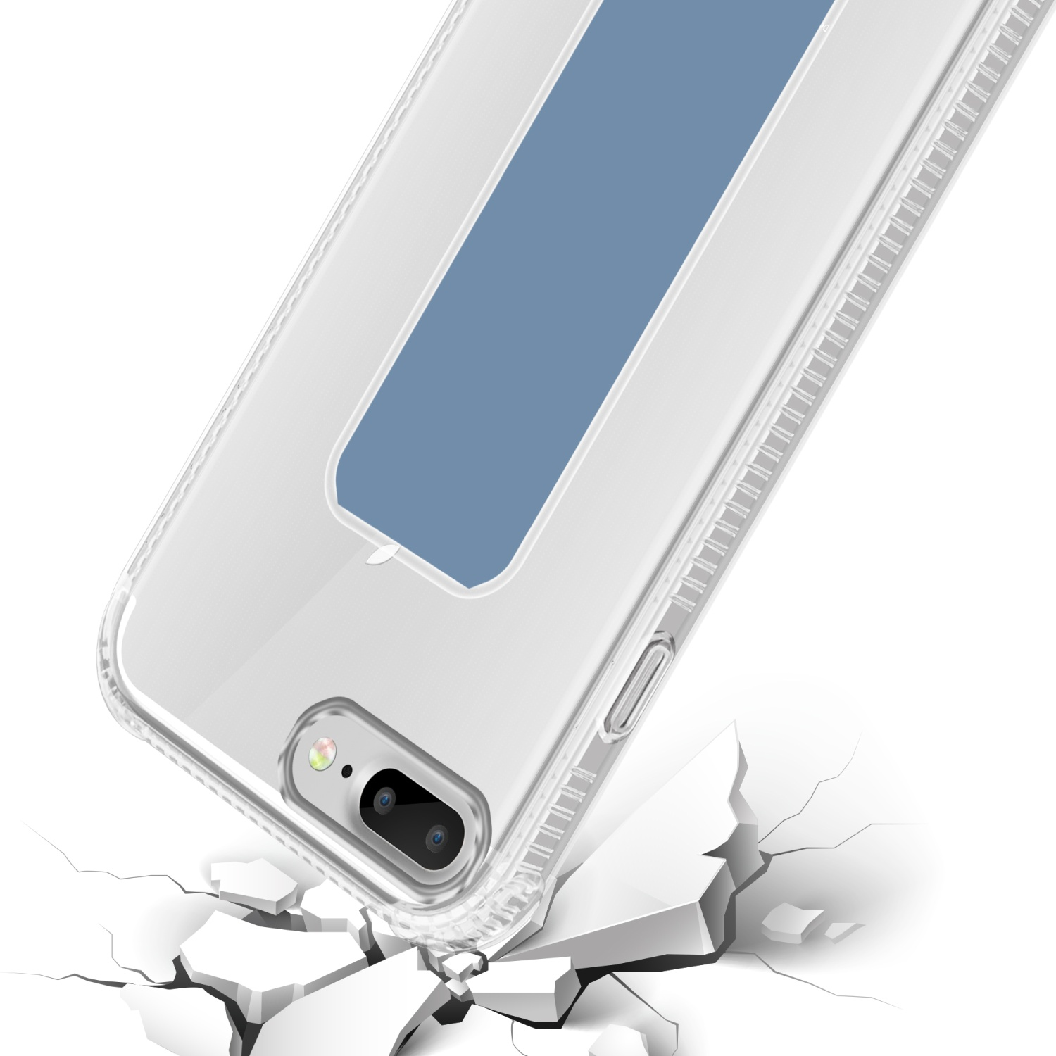 Eine transparente Handyhülle mit blauem Streifen fällt auf weiße Oberfläche.