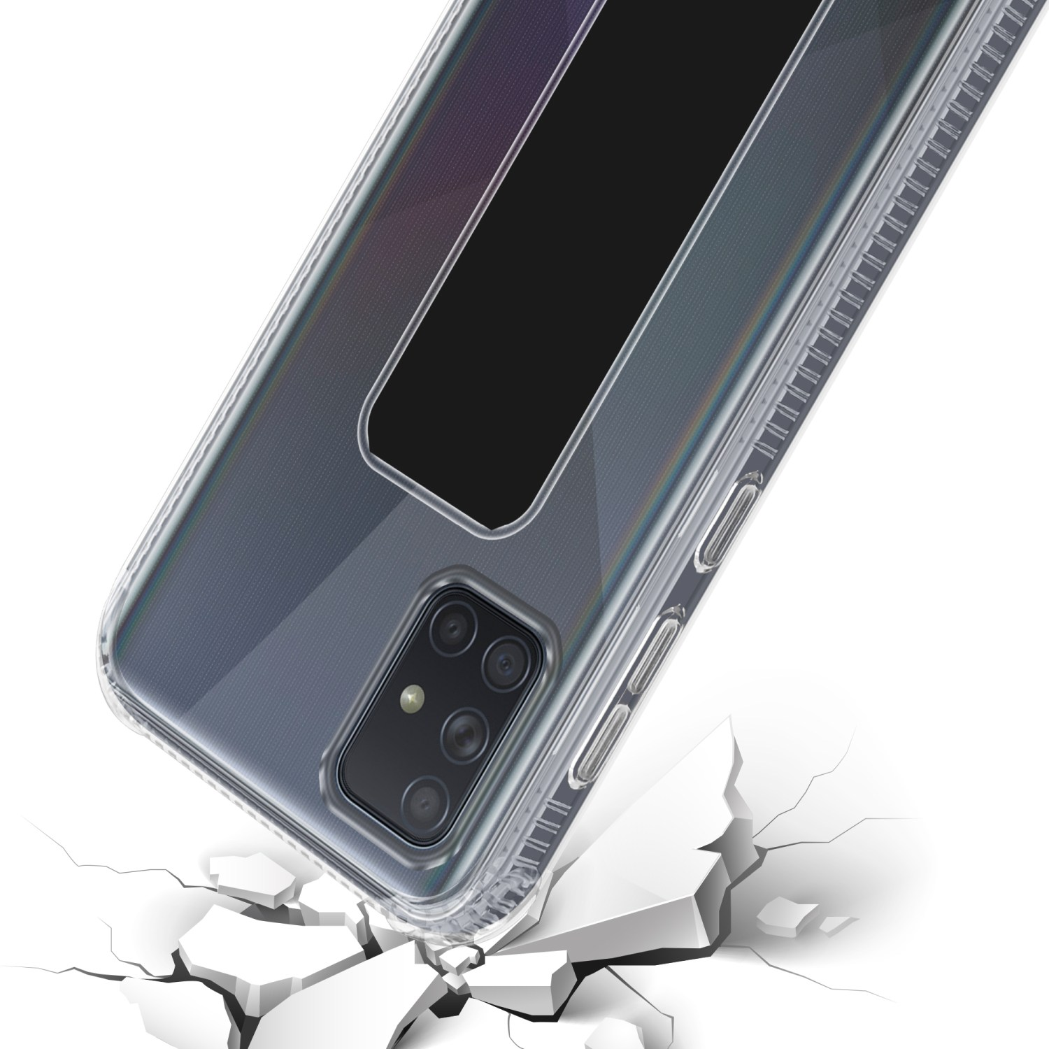 Transparente Handyhülle, die ein Telefon zeigt. Gehäuse ist abgewinkelt, darunter Risse im Boden.