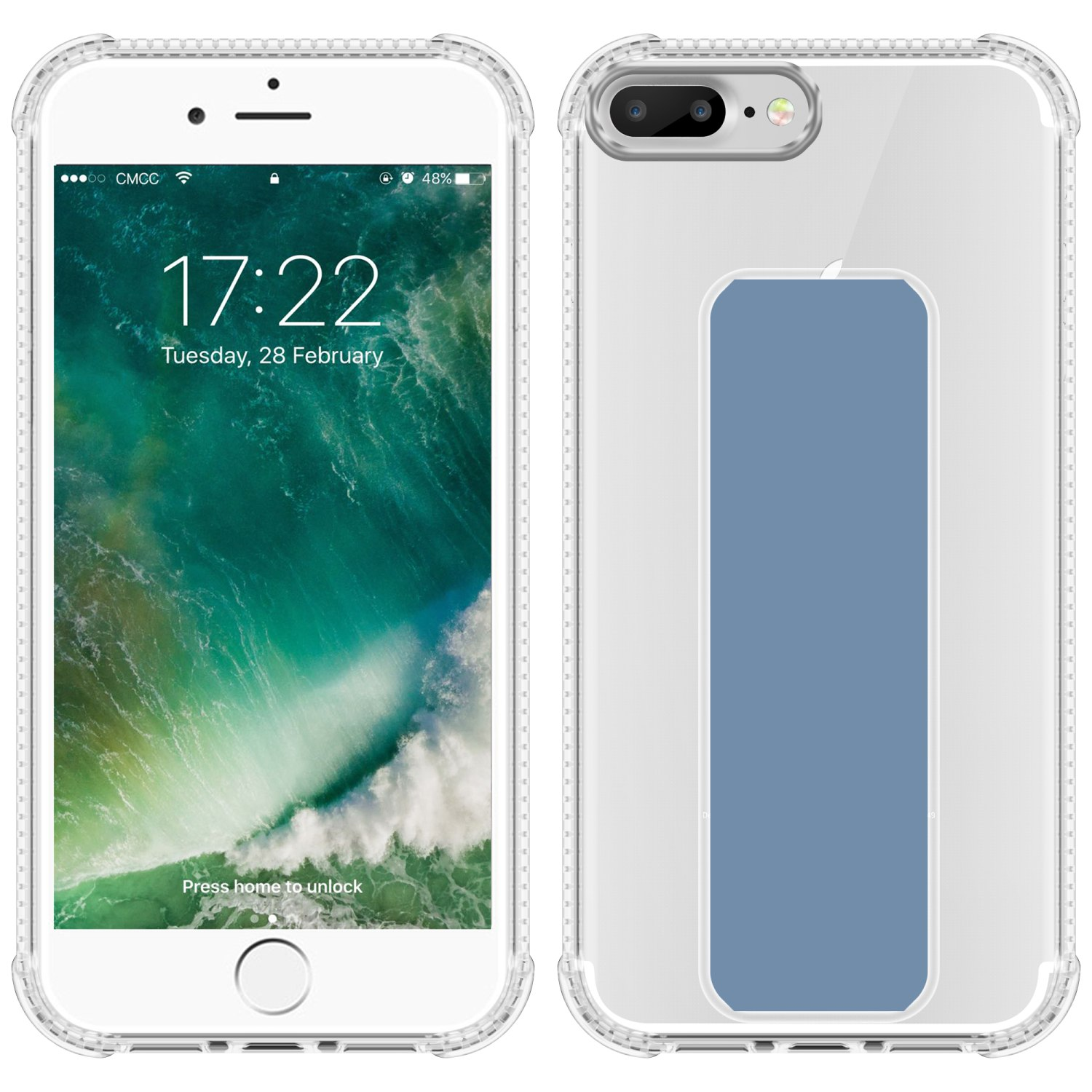 Telefon in klarer Hülle. Uhrzeit auf dem Bildschirm ist 17:22. Hülle ist transparent.