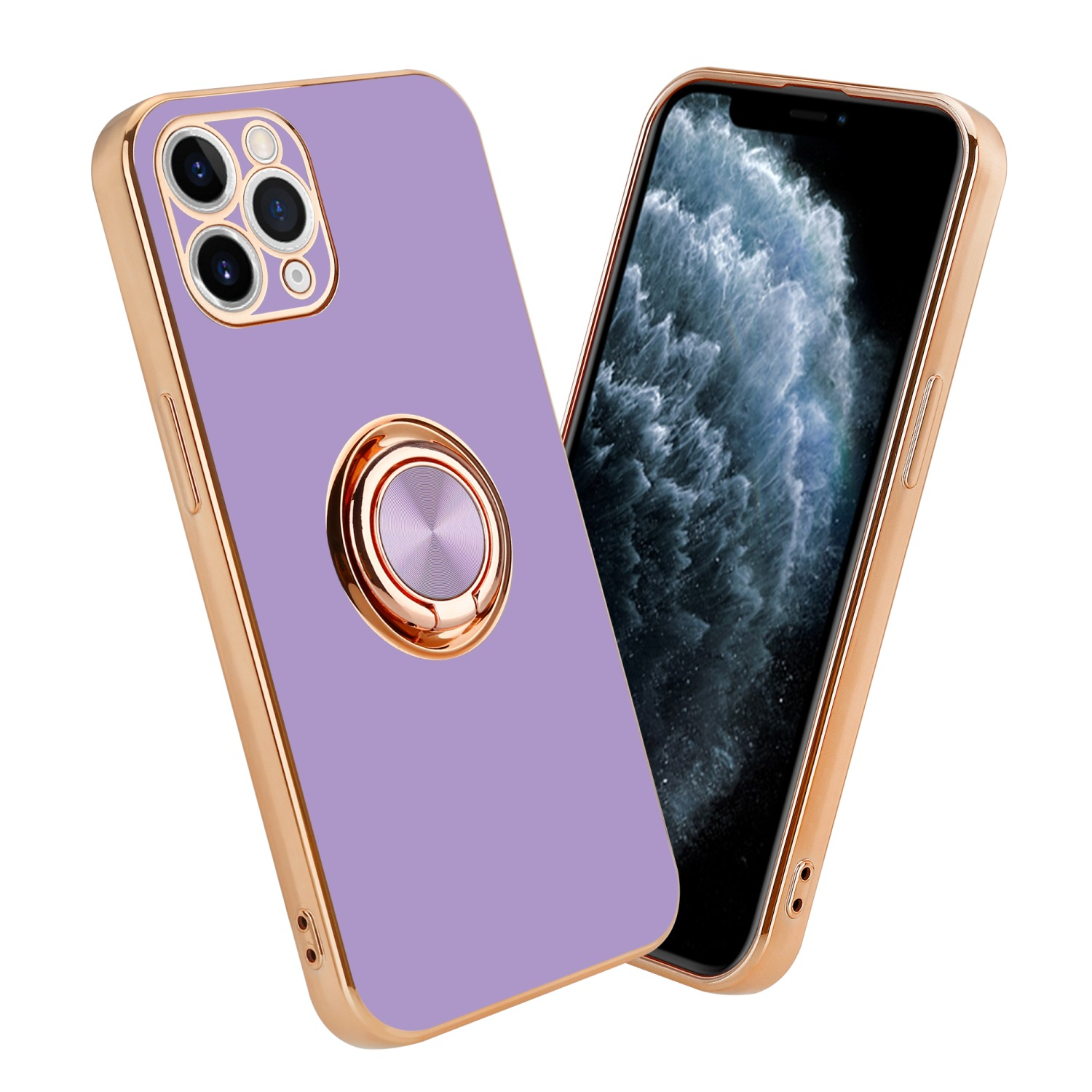 Lila Handyhülle mit goldenem Rand. Telefon rechts zeigt blauen Hintergrund.