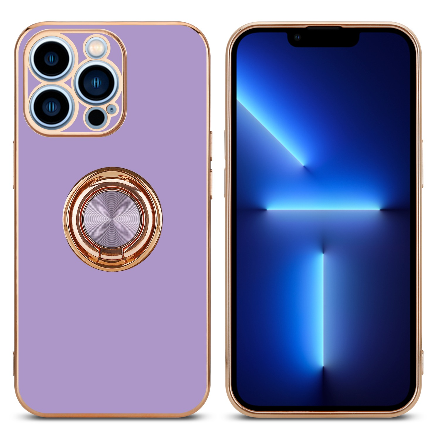 Eine Handyhülle mit einem Handy mit blauem Bildschirm. Die Hülle ist lila. Das Telefon ist goldfarben.