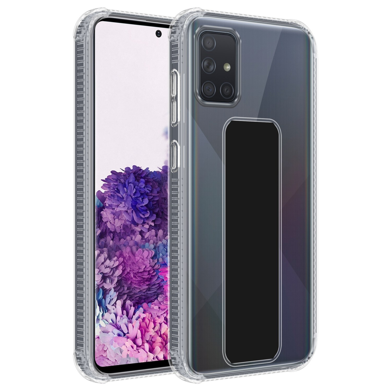 Transparente Handyhülle mit lila Hintergrund und Telefon darin.