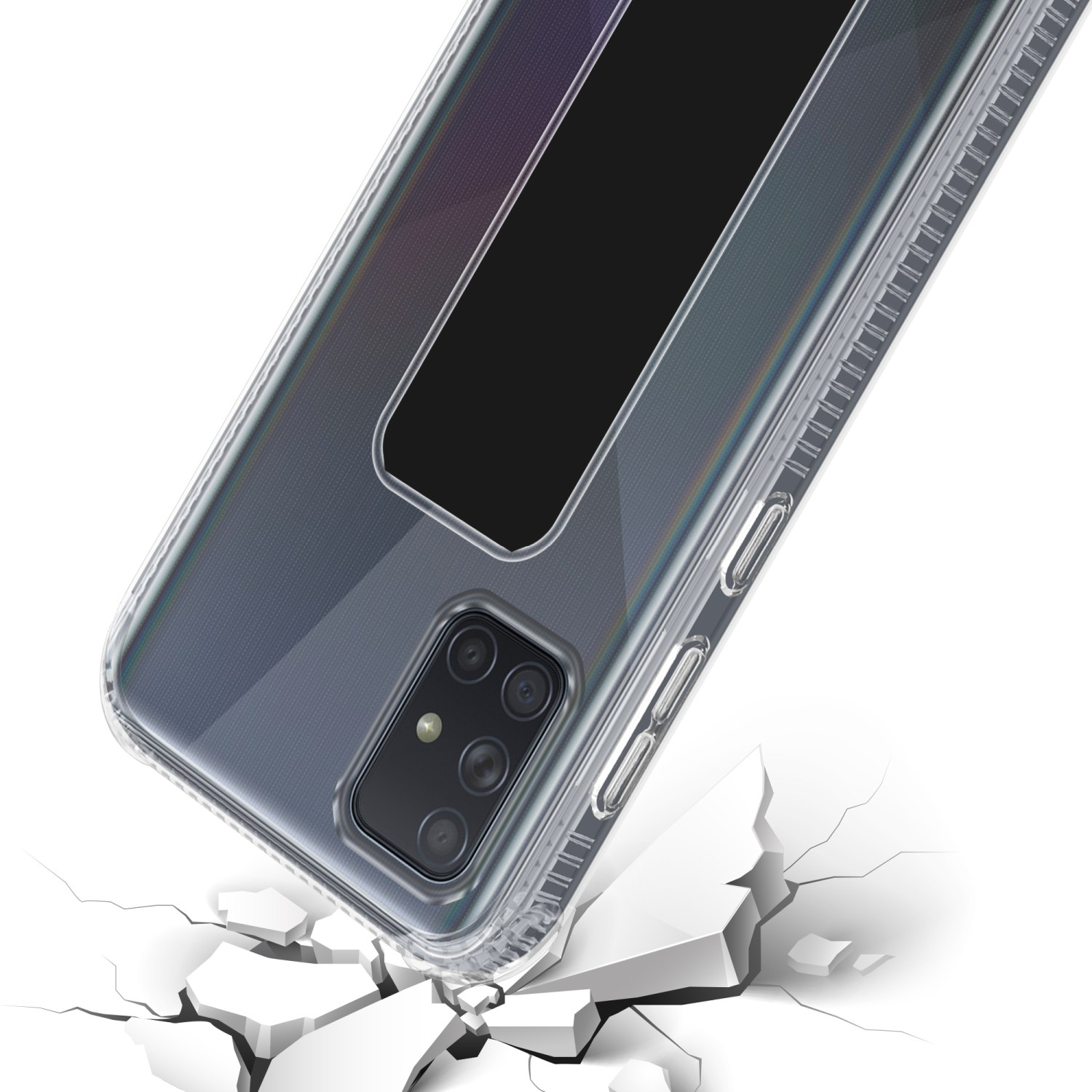Klare Handyhülle auf rissigem Boden, zeigt die Kameras des Telefons. Weißer Untergrund, Telefon schräg.