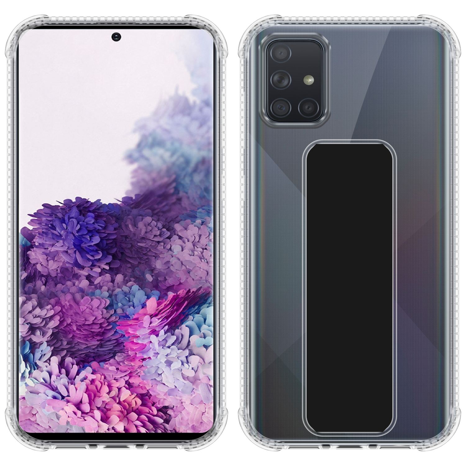 Telefon in einer transparenten Hülle. Der Bildschirm links, die Rückseite rechts.