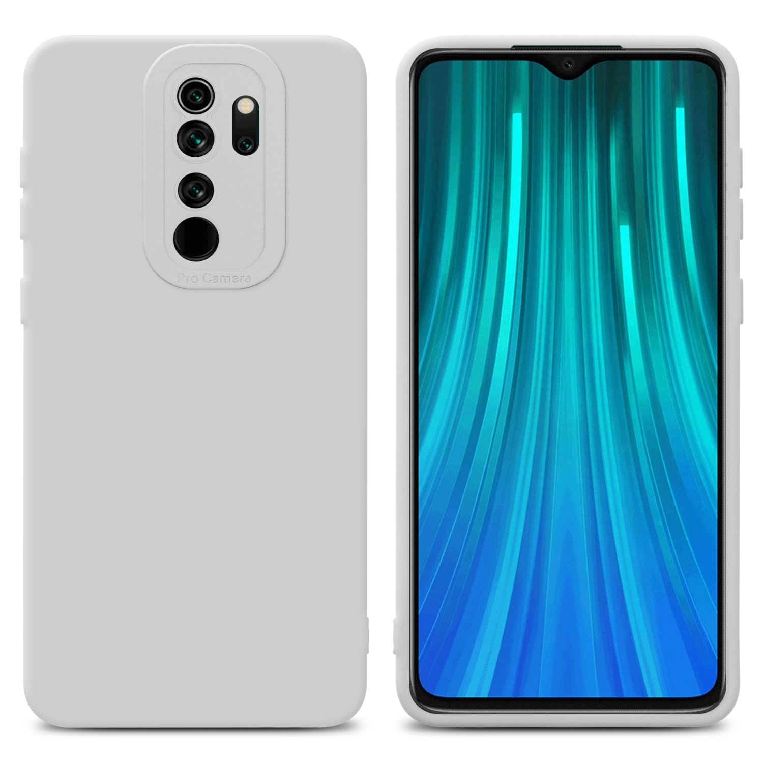 Custodia e telefono bianchi. Il telefono mostra uno schermo con motivo blu e verde.