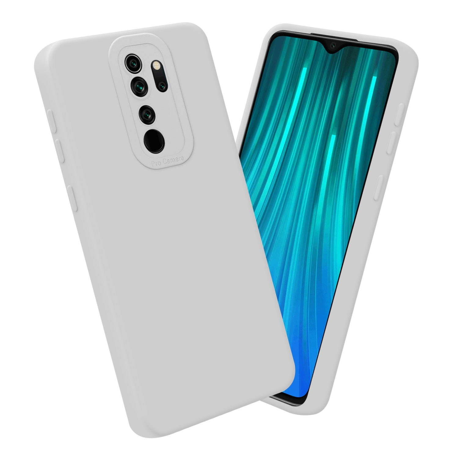 Due custodie bianche per telefono. Una sopra l'altra. Mostra un telefono con schermo blu.